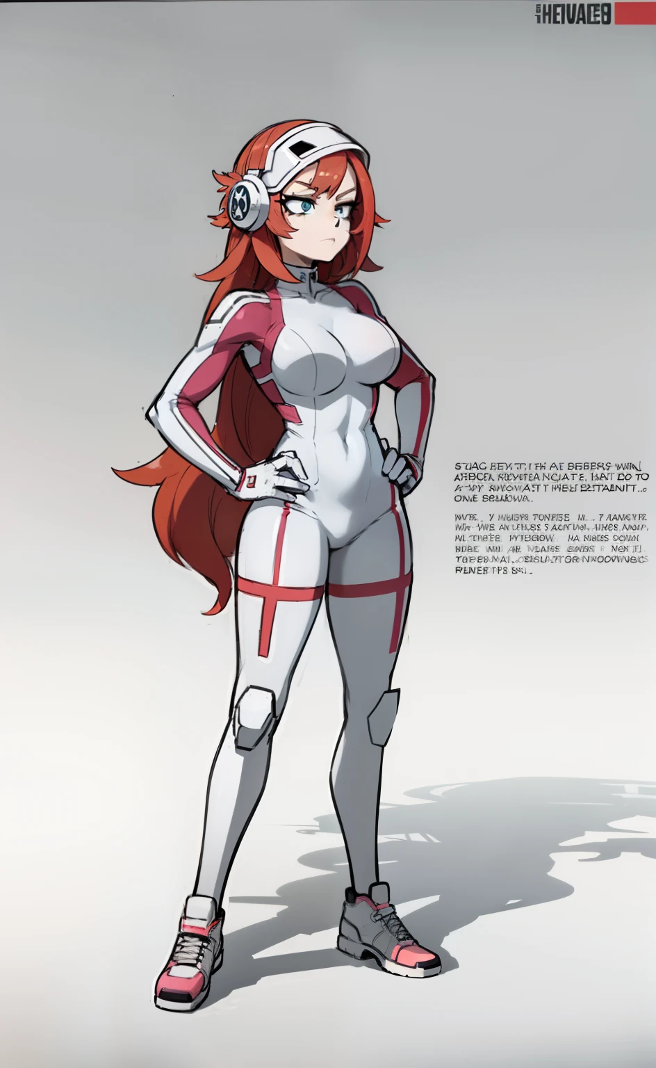 My Hero Academia style, anime Girl, female, trending on artstation pixiv, (full body shot:0.5), wide hips, wide thighs, large breast, covered head, helmet, long hair, redhead, blue eyes, hero outfit, full body suit, white color suit with neon pink lines, Perfect anatomy, Super Detailed,