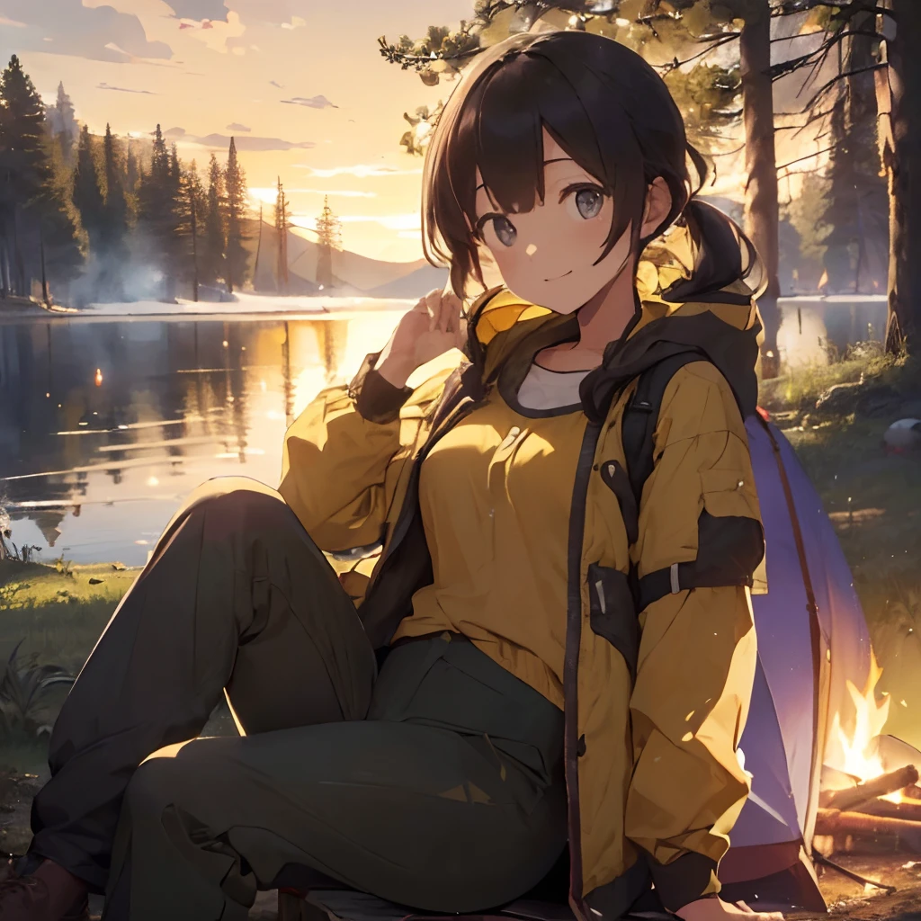 masterpiece, Hi-Res, girl with, the woods, There is a lying bonfire、portlate、portlate(((in woods、Next to the lake、Camping alone)))、(((Relax watching the bonfire)))、((Yellow outerwear、Black pants))、facial close-up、portlate((camp fire、bonfire))、ssmile、bonfire