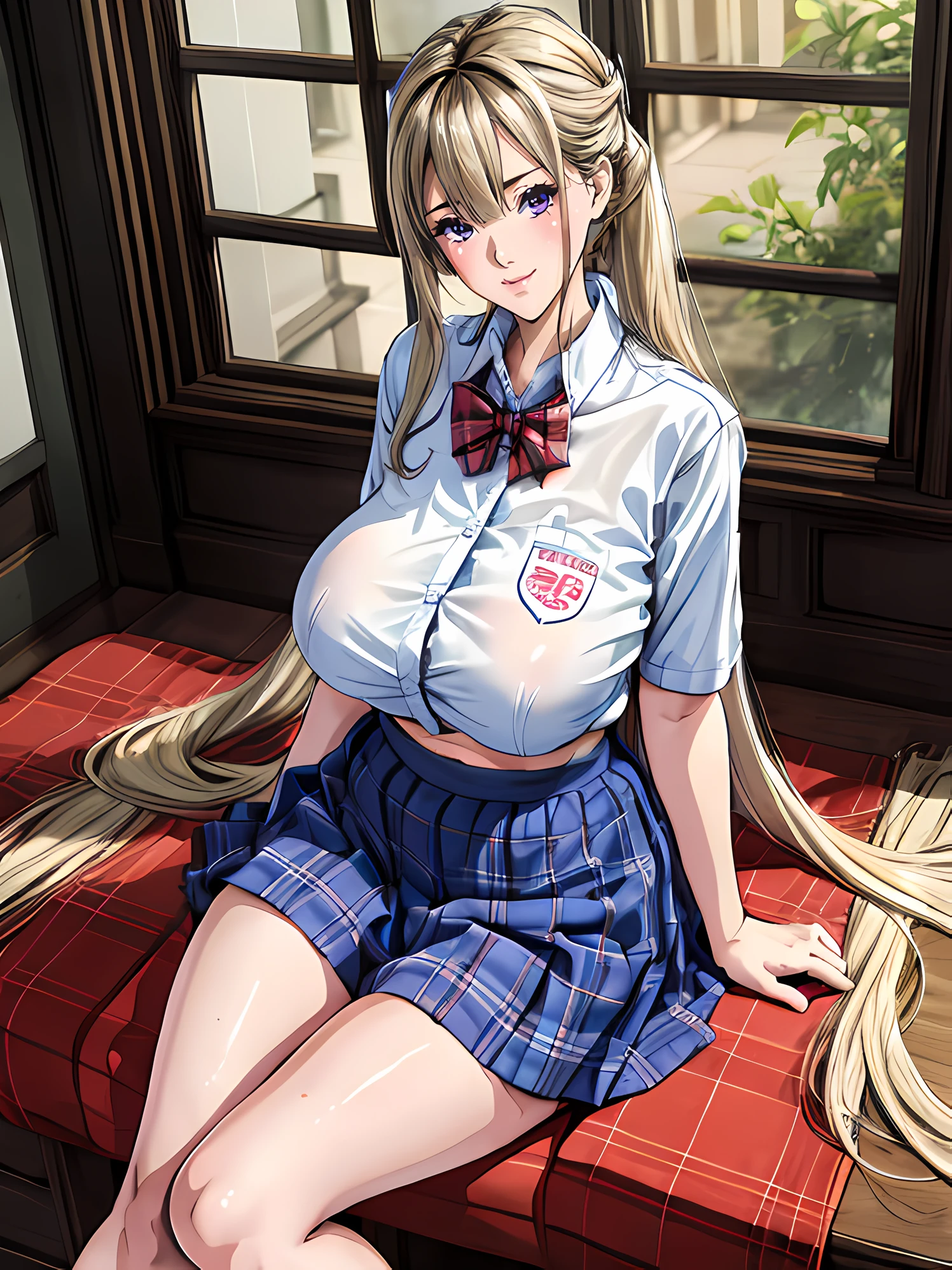 1girl in, (blush)+, lightsmile, School uniform, Short sleeves, Narrowed eyes, (upward-eyed)1.1, Backlight, Bokeh, (the see-through white shirt), bowtie, (Large breasts), (crass room)And(chair sitting sitting), Spread legs, plaid skirts, White panties, a blond,a beauty girl, blush, Seductive smile,Insane details and very detailed, Huge lower eyelid. masutepiece, of the highest quality, Ultra high definition, max resolution, Very detailed, Clean skin,