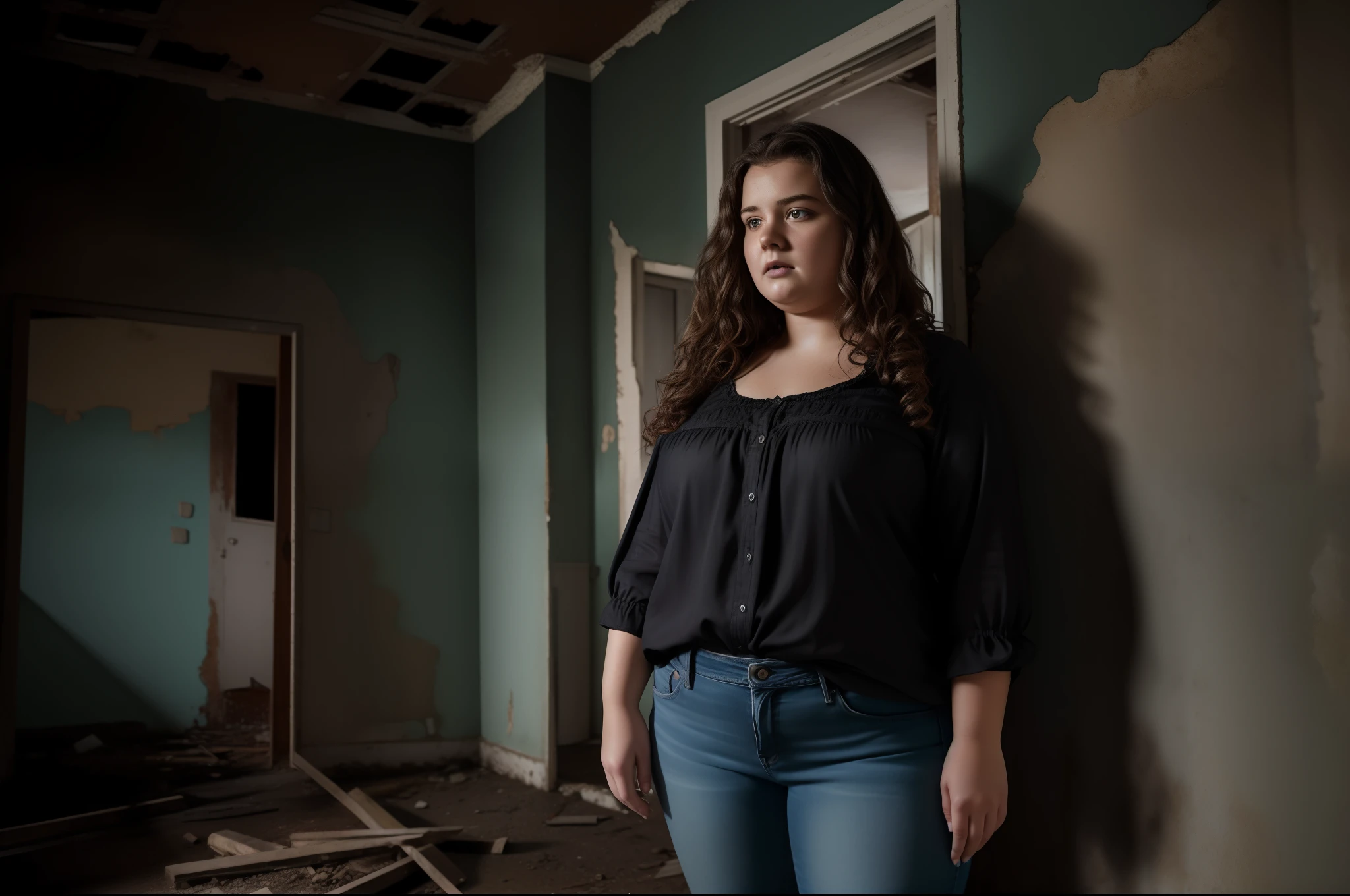 ultra realistic 8k image of a 22 year old woman, ugly, wavy hair, chubby, dressed in a black blouse and jeans, standing in an old abandoned house with moldy walls, typical scene of a horror movie, night, expression scared, eyes wide