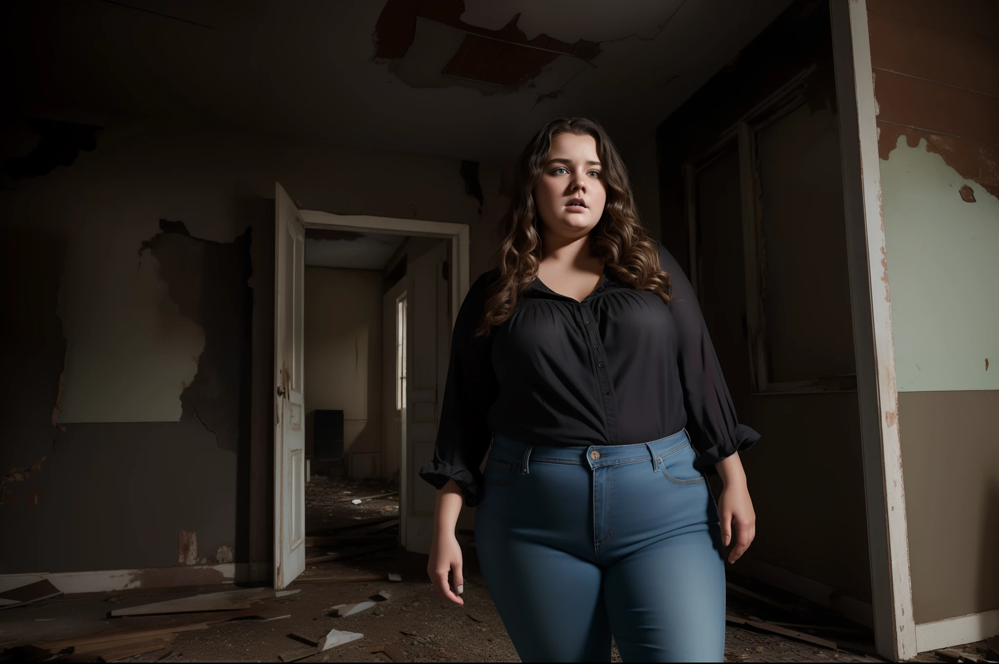 ultra realistic 8k image of a 22 year old woman, ugly, wavy hair, chubby, dressed in a black blouse and jeans, standing in an old abandoned house with moldy walls, typical scene of a horror movie, night, expression scared, wide-eyed and gaping
