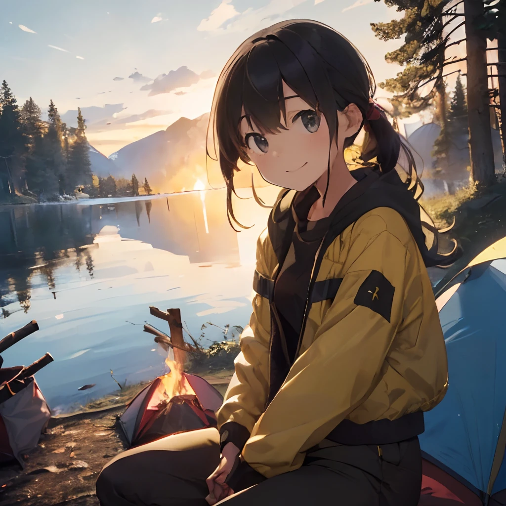 ​masterpiece, Hi-Res, girl with, the woods, There is a lying bonfire、portlate、portlate(((in woods、Next to the lake、Camping alone)))、(((Relax watching the bonfire)))、((Yellow outerwear、Black pants))、facial close-up、portlate((camp fire、bonfire))、ssmile、bonfire