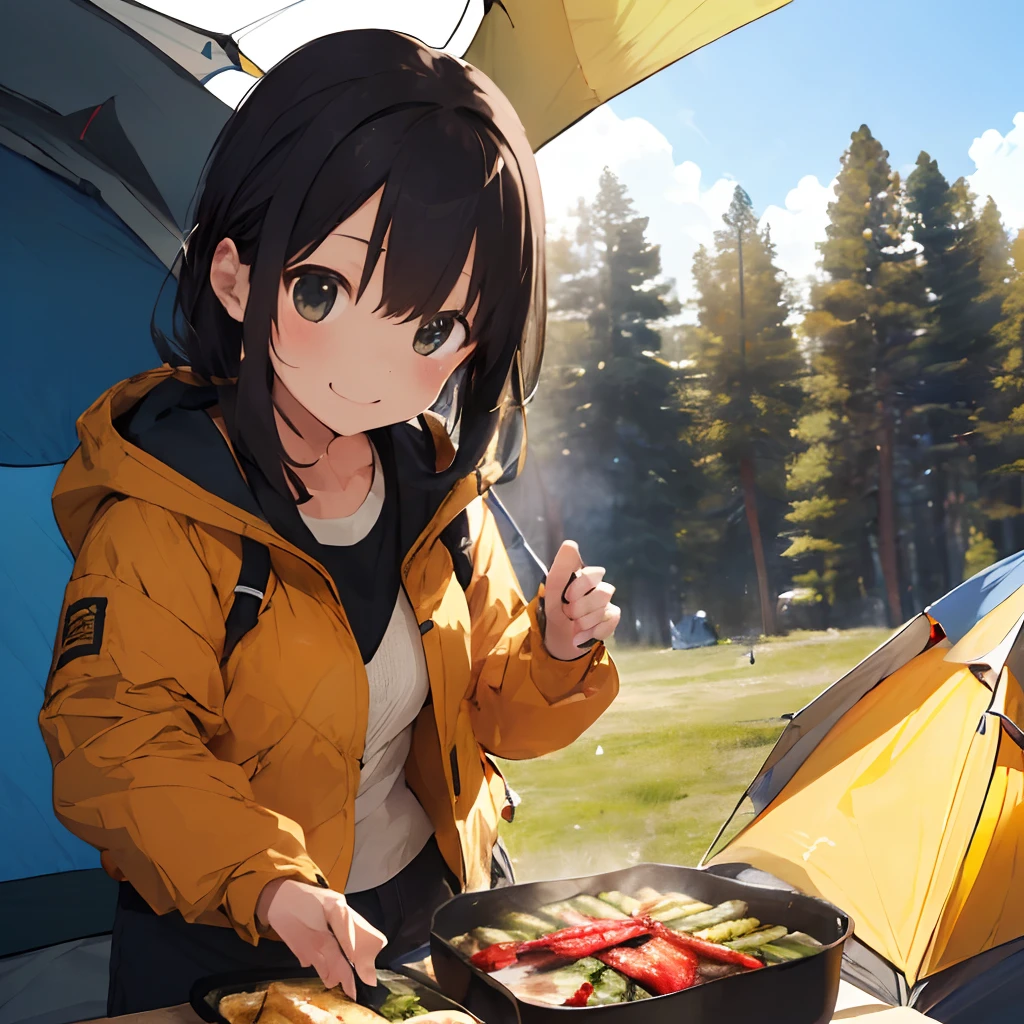 masterpiece、top-quality、ultra-detailliert、illustratio、 1 人、独奏、plein air、Yellow outerwear、Black pants、Big tent、Close up of faces stacked next to each other、portlate(((Camping alone)))、(((Blue 2 Person Tent、Food Preparation)))、((Yellow outerwear、Black pants))、facial close-up、portlate((camp fire、Food Preparation))、ssmile、bonfire