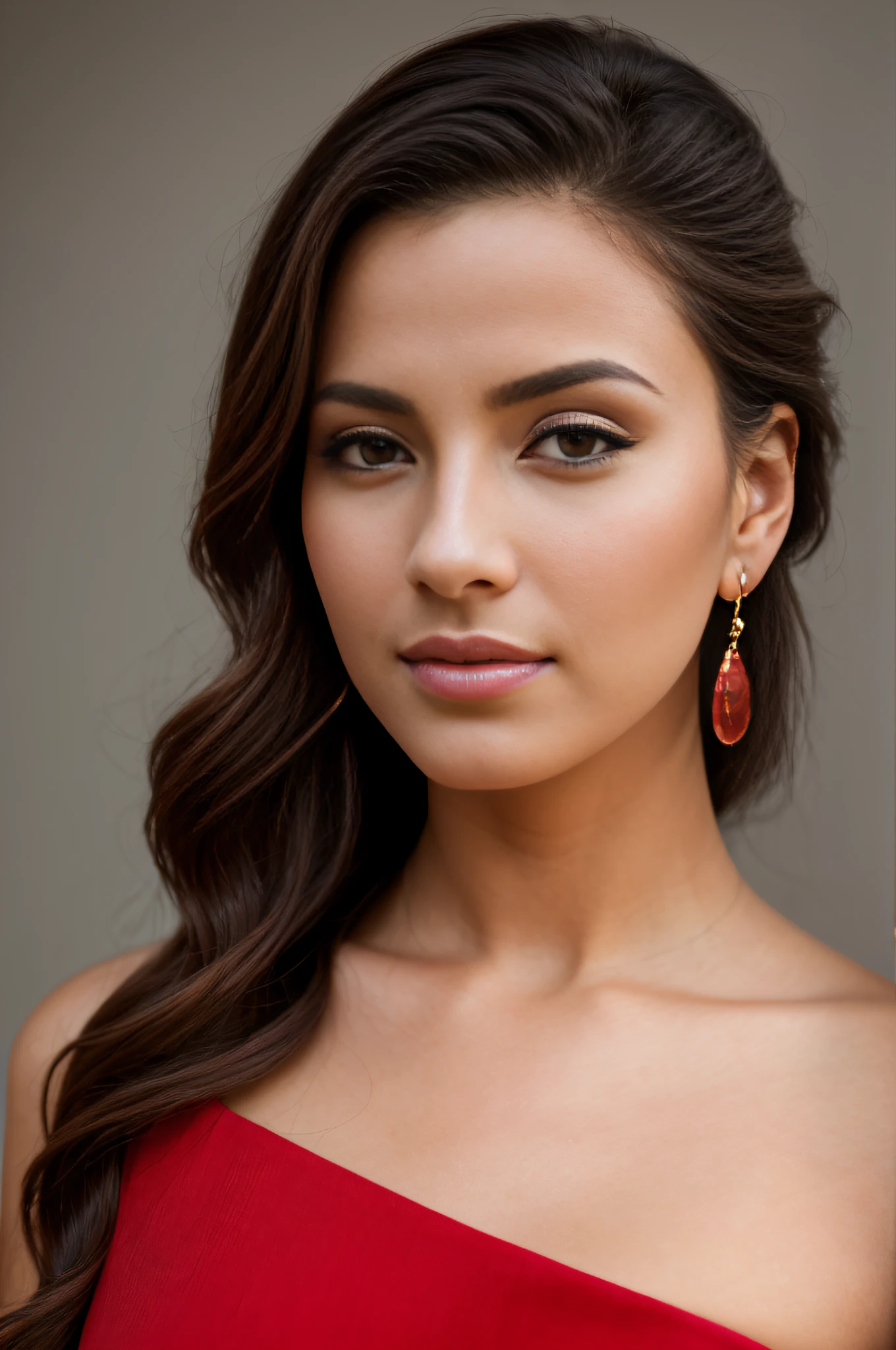 arafed woman with a red dress and earrings posing for a picture, soft portrait shot 8 k, portrait shot 8 k, 8k portrait render, young beautiful woman, portrait. 8 k high definition, beautiful model girl, beautiful young woman, beautiful model, beautiful portrait image, portrait shot, portrait of a beautiful model, beauty woman with detailed faces