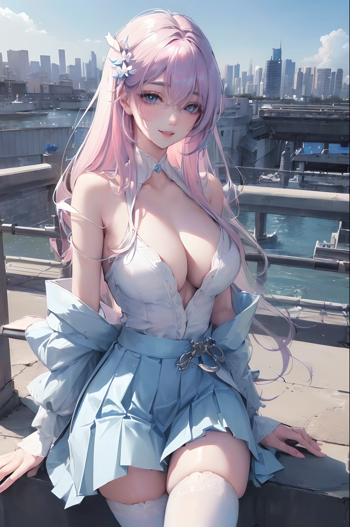 official art, masterpiece, sharp focus, (beautiful gorgeous cute Korean woman:1.3), (beautiful cute korean:1.3), korean beauty, Delicate and beautiful hair and eyes and face, realistic, ultra detailed, beautiful girl, blue sky, glow white particle, (sidelighting:1.2), sun light, white cloud, detailed clouds, slender, Lovely very large breasts and very large hips, smile with teeth, ((smile with eyes, open both eyes)), scenery, long straight hair, sexy facial expression, building, (cityscape:1.7), dynamic hair, long straight hair, detailed platinum pink hair, glow blue eyes, (blue pleated shirts + white skirt), white long socks, pale skin, hair ornament, epic scenery,