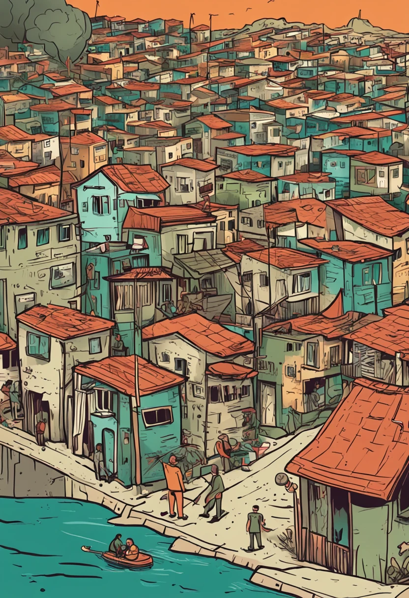 um militar, realizando uma entrevista, na favela do rio de janeiro, sem armas, cartoon
