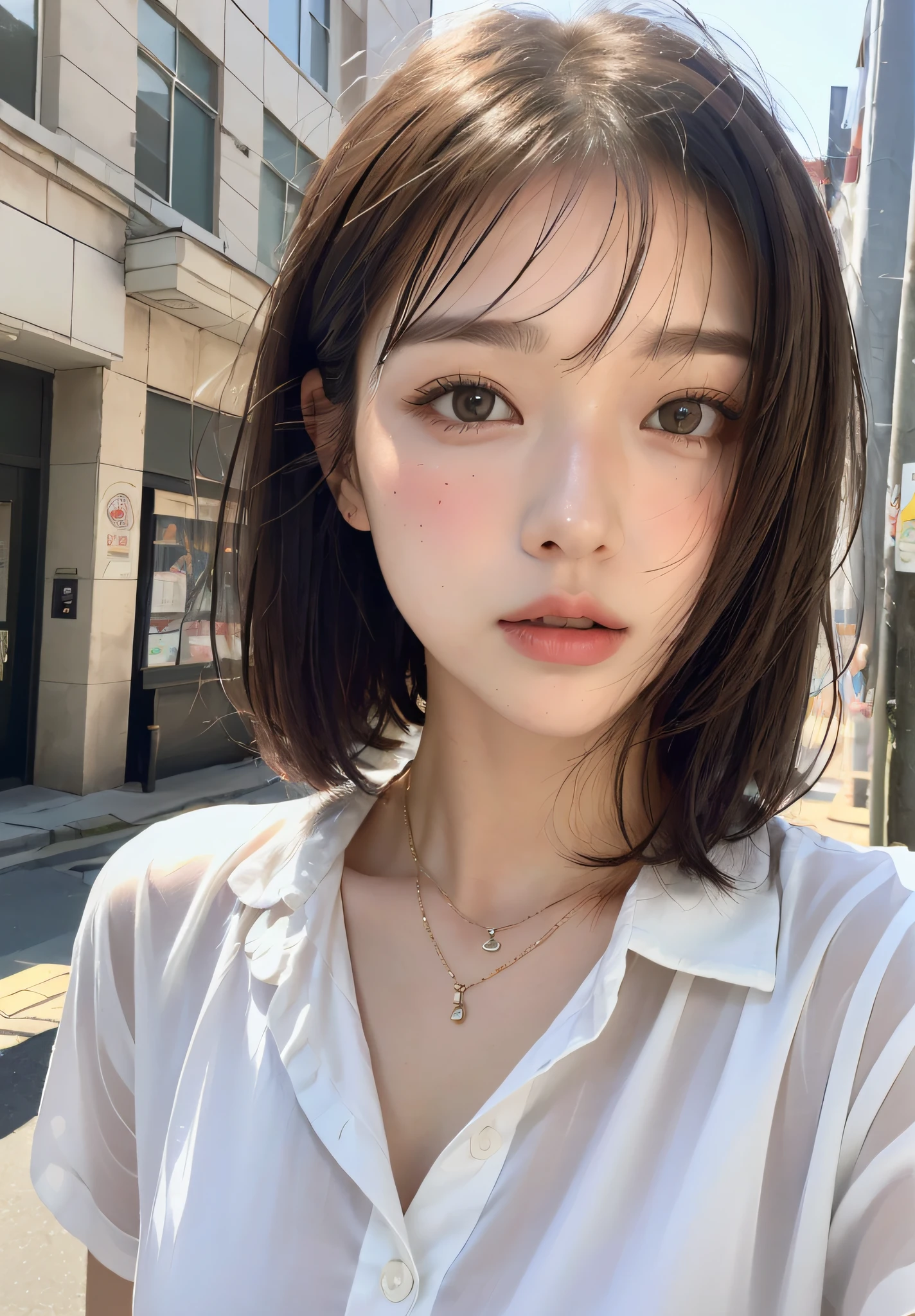 ((top-quality、8K、tmasterpiece:1.3))、Beautuful Women、1girl in、(Cute Baby Turtle)、Slender abs:1.1、white button-down blouse、((short-hair))、com rosto detalhado、Very detailed lips、A detailed eye、二重まぶた、(Neat bangs.1.3)、dark brown  hair、largeeyes、seductive lips、The corners of the mouth are raised、black eye、street、Cute wan Asian face, The face of a beautiful girl in Japan, short detailed hair，By bangs,, white hime cut hairstyle、slender eyes、