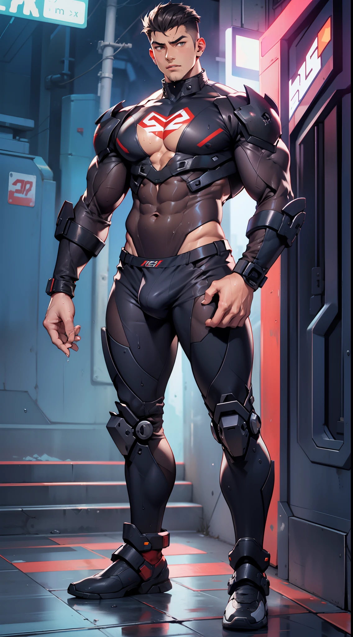 A tall muscular boy , Naked , Legs spread , impact , Sweaty , Wet , Seductive , Bigboobs , large bulge , big balls , look from down , From the knees , big assa,(The whole body of the character)mechs,punky style