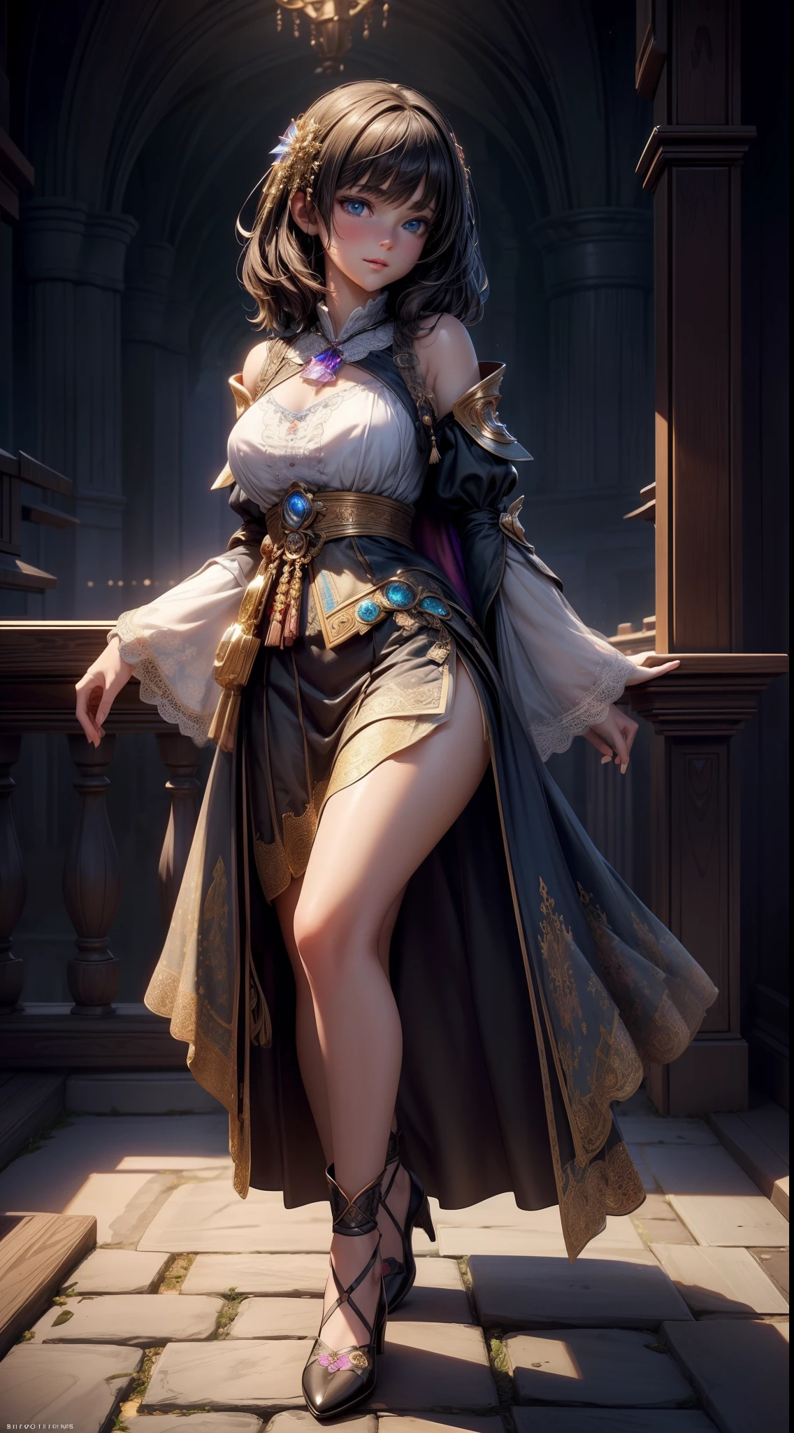 peasant girl, 1girl, perfect and well designed eyes, (beautiful detailed eyes:1.05), natural breasts, slim body, masterpiece face, fair skin, detailed skin, realistic skin, medium length hair, hair voluminous, super high resolution, 8k, parameters Best quality, (masterpiece:1.4), (magic accessories:1.4), extremely detailed {{{silk|latex|lycra}|feathers}|lacy} {{shirt|{clothing|{kimono|bra}}}|{skirt|dress}}, neckline, ultra detailed, photorealistic, (best quality:1.4), super high resolution, (Realistic 1.4), More details, (portrait, full body), (((1girl))), (witchcraft:1.1), magic energy flows and sparkles, ((castle, stronghold) city, hills, village), (beautiful and aesthetic:1.2), (fractal art:1.4), (cinematic light:1.1), 16K, HDR, RTX, Ray Tracing, Radiosity, Anisotropic Filtering, Subsurface Scattering, metallic reflections, vibrant colors