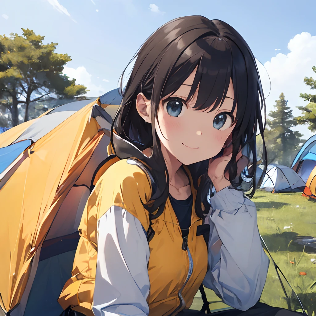 ​masterpiece、top-quality、ultra-detailliert、illustratio、女の子 1 人、独奏、plein air、Yellow outerwear、Black pants、Big tent、Close up of faces stacked next to each other、portlate(((Camping alone)))、(((Blue 2 Person Tent、Red road bike)))、((Yellow outerwear、Black pants))、facial close-up、portlate((Sit back and relax in a camping chair))、ssmile