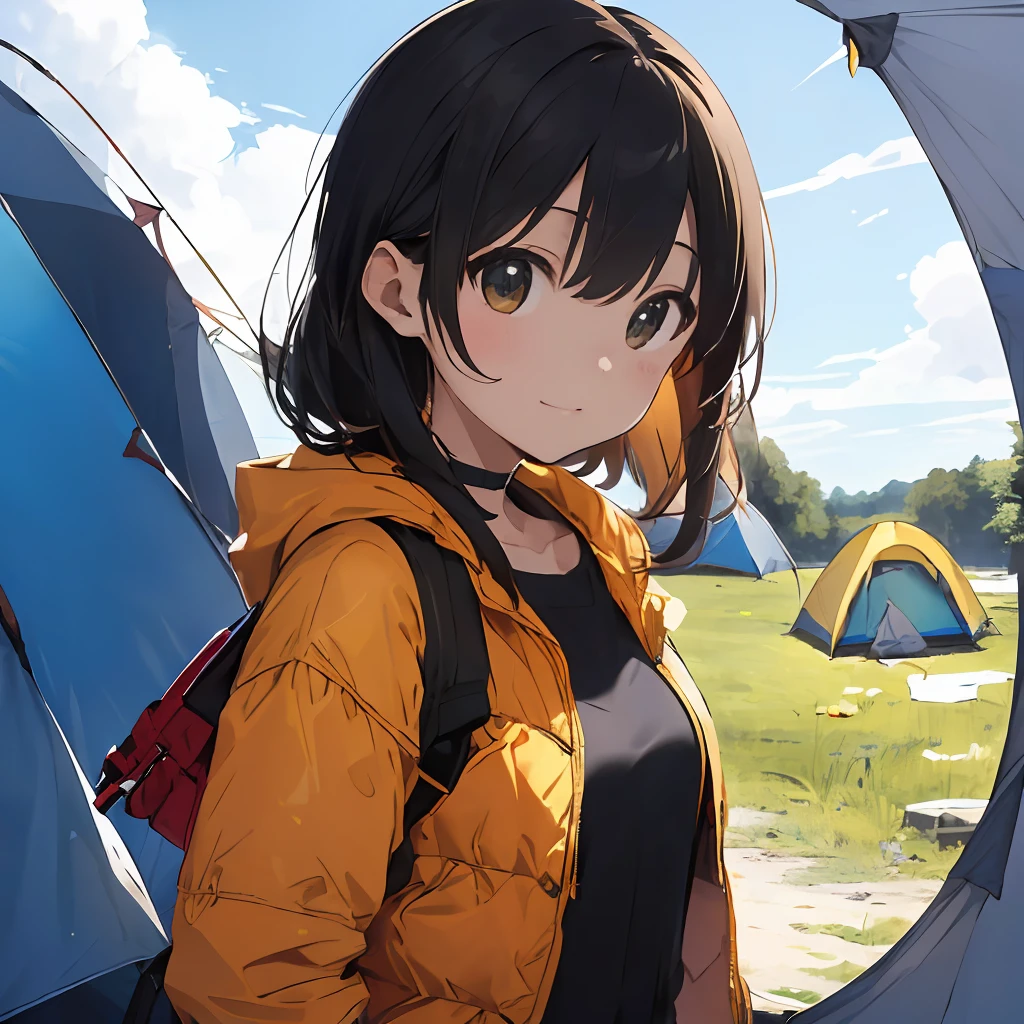 masterpiece、top-quality、ultra-detailliert、illustratio、 1 人、独奏、plein air、Yellow outerwear、Black pants、Big tent、Close-up of faces stacked next to each other、portlate(((Camping alone)))、(((Blue Single Tent)))、((Yellow outerwear、Black pants))、facial close-up、portlate((There is a red road bike))、