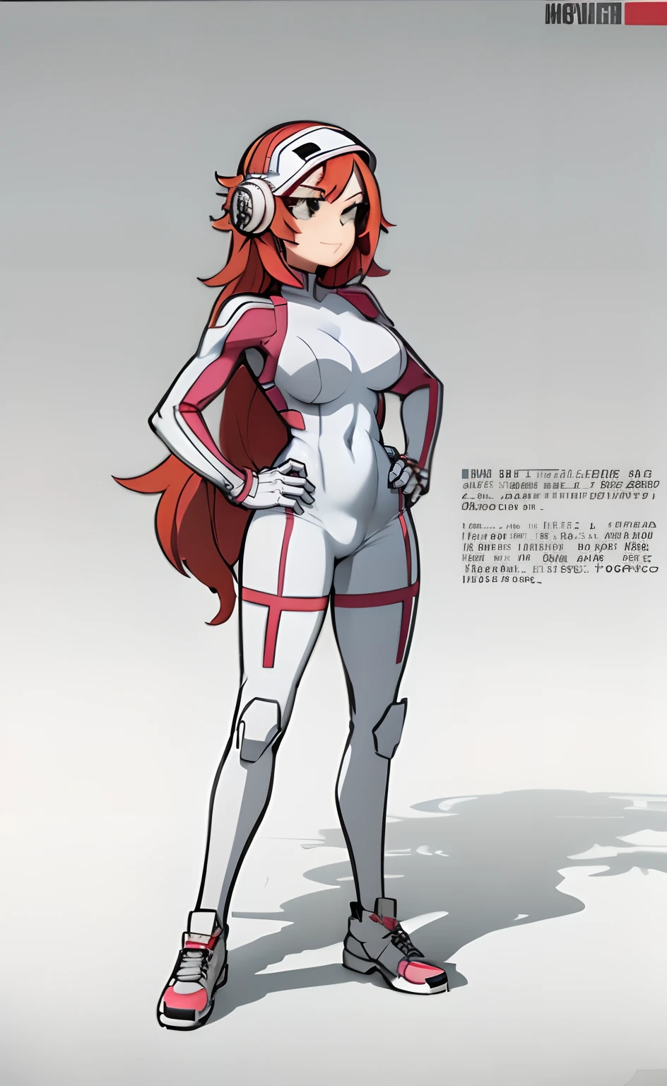 My Hero Academia style, anime Girl, female, trending on artstation pixiv, (full body shot:0.5), wide hips, wide thighs, large breast, covered head, helmet, long hair, redhead, blue eyes, hero outfit, full body suit, white color suit with neon pink lines, Perfect anatomy, Super Detailed,
