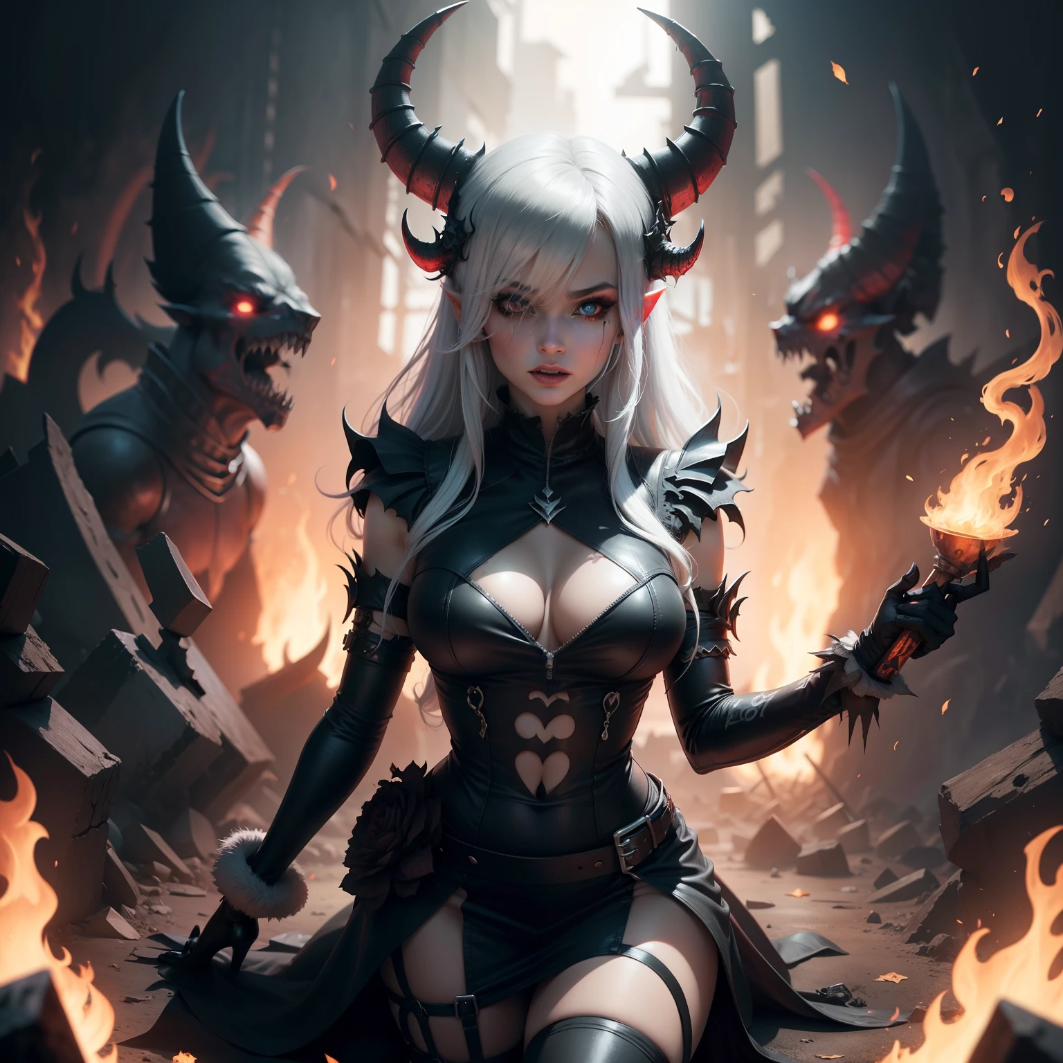 Miss chaos, with horns, in hell, fully clothed