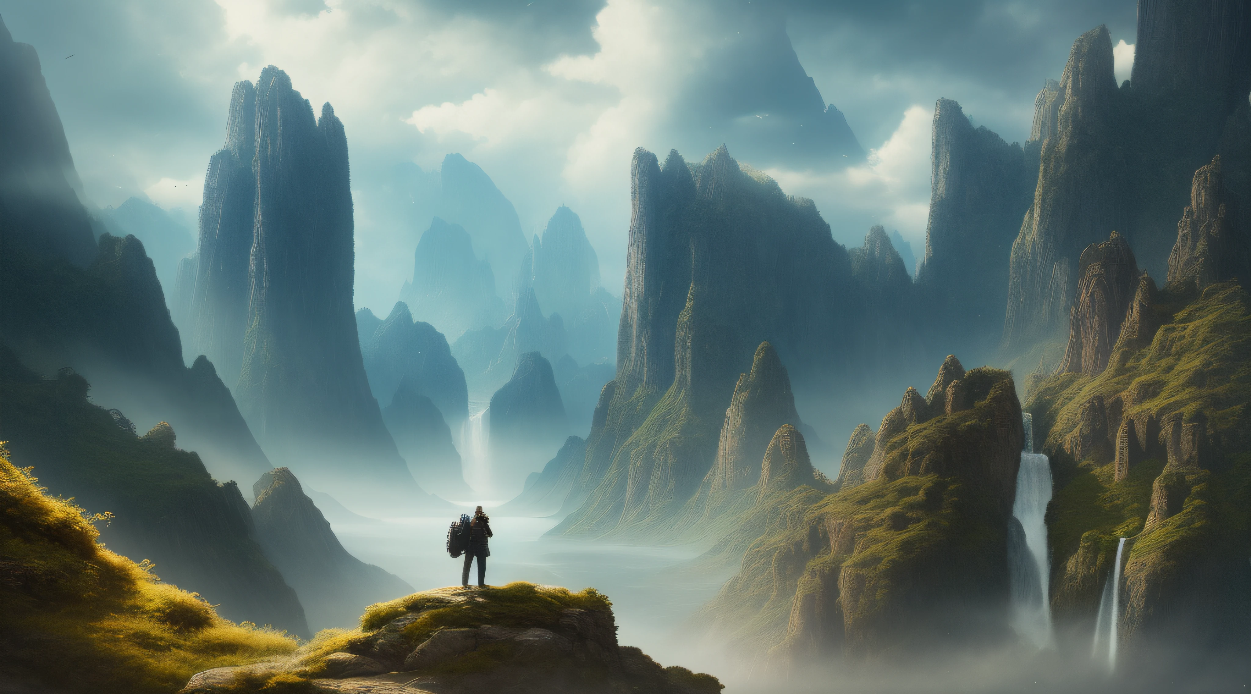Masterpiece, best quality, high quality, extremely detailed CG unity 8k wallpaper, landscape, outdoor, sky, cloud, sky, no humans, mountain, landscape, water, tree, blue sky, waterfall, cliff, nature, lake, river , cloudy skies, award winning photography, bokeh, depth of field, HDR, bloom, chromatic aberration, photorealism, very detailed, trending on artstation, trending on CGsociety, intricate, high detail, dramatic, midjourney art