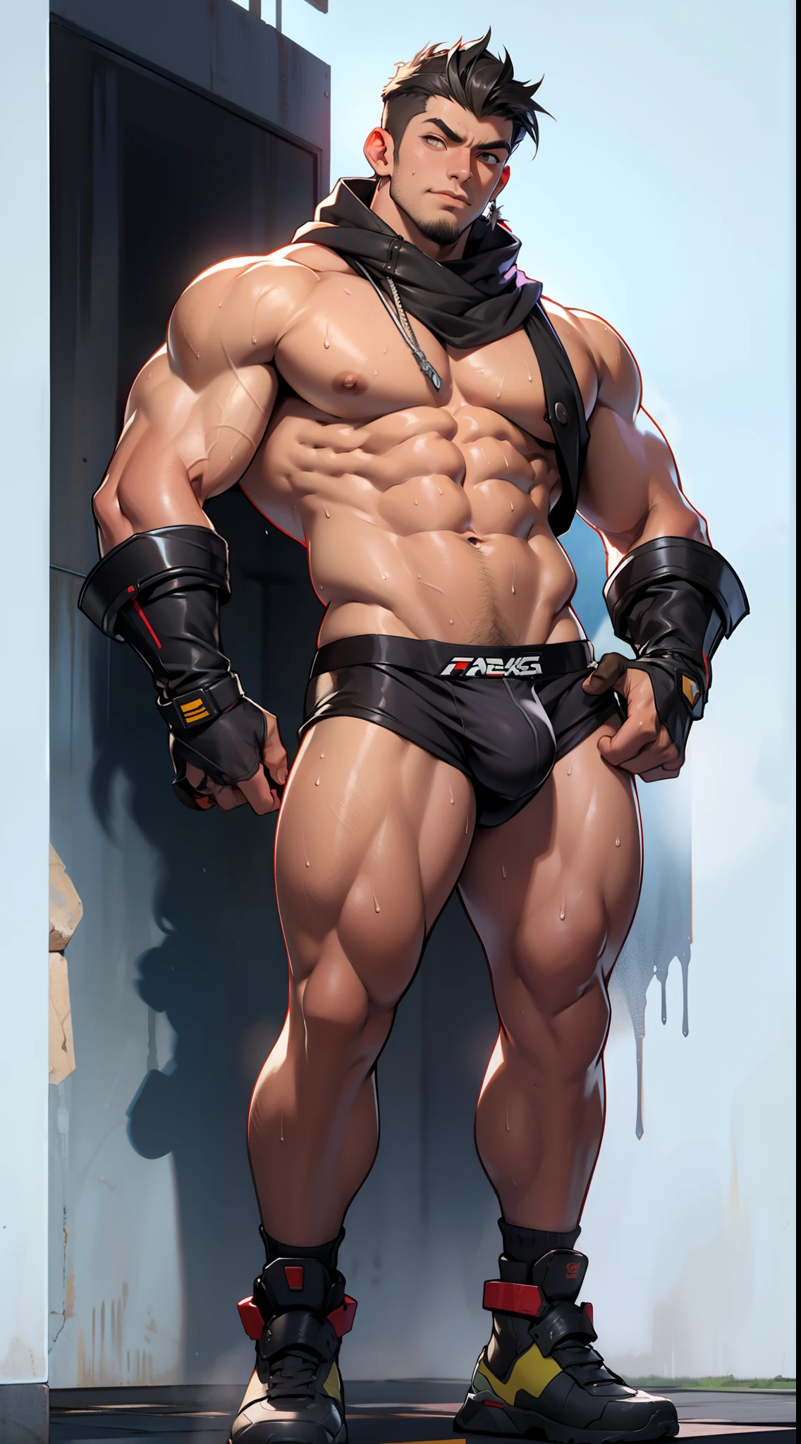 A tall muscular boy , Naked , Legs spread , impact , Sweaty , Wet , Seductive , Bigboobs , large bulge , big balls , look from down , From the knees , big assa，（The whole body of the character）mechs，punky style