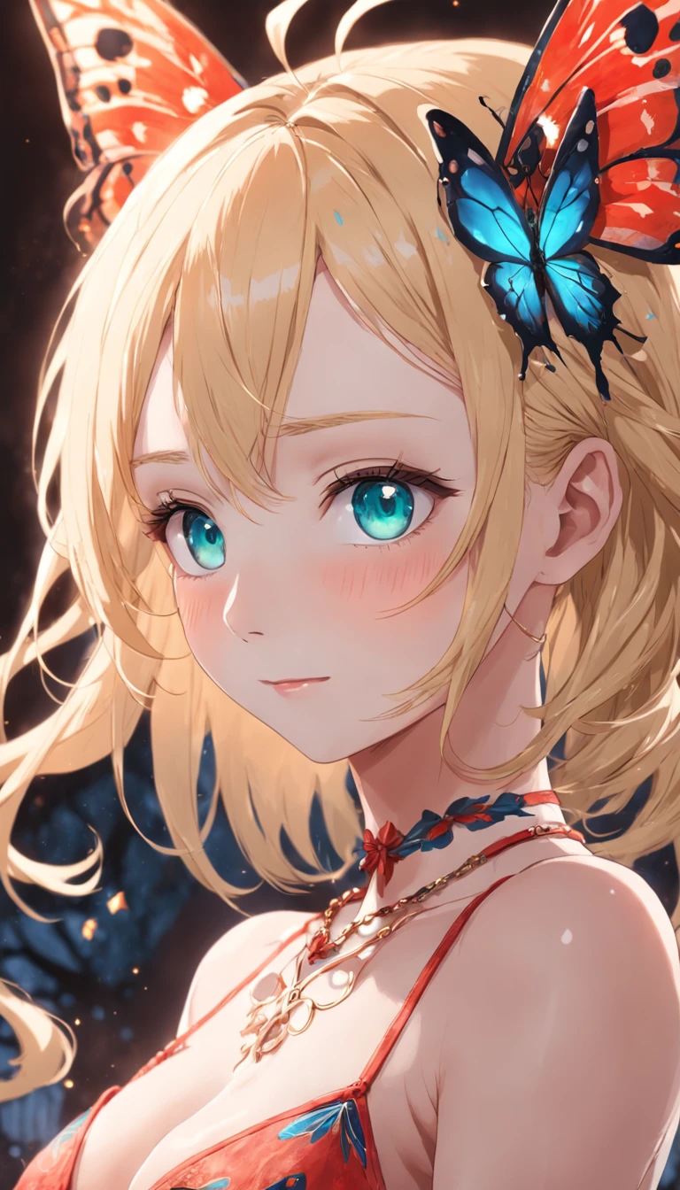 A girl has a red pattern on her forehead, rimless eyewears, Heterochromia is pronounced, Blue-green eyes, seduct smile, Blonde 1-3, Gorgeous and delicate butterfly necklace，intricately carved, Dutch angle, Anatomically correct, Textured skin, Best quality, 1080p