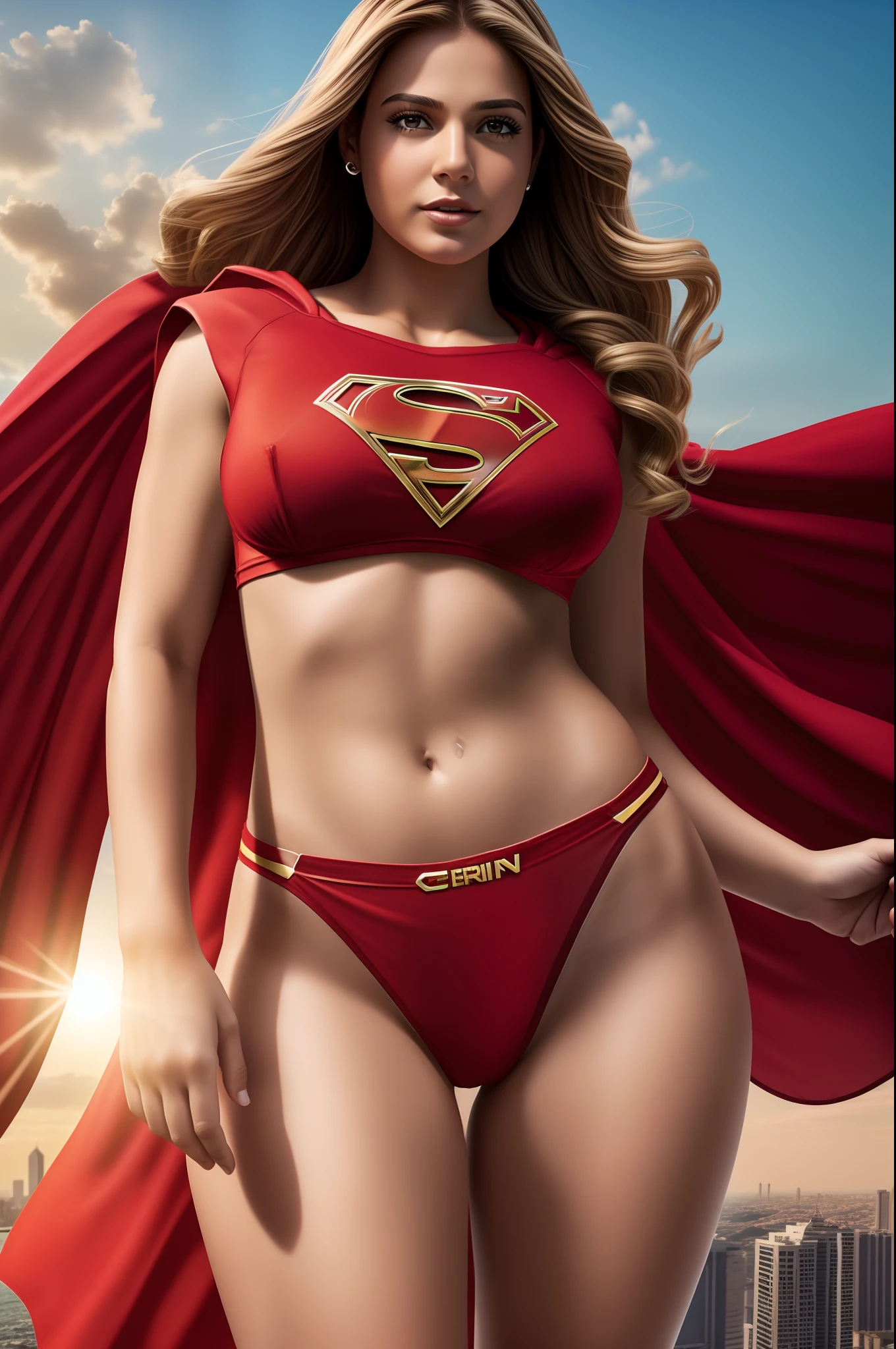 Supergirl, voando, small transparent red panties showing hairy pubis, hairy genitalia, capa, Cidade, Carros, rosto latina brasileira, roupa transparente, plus size, Cinematic setting.