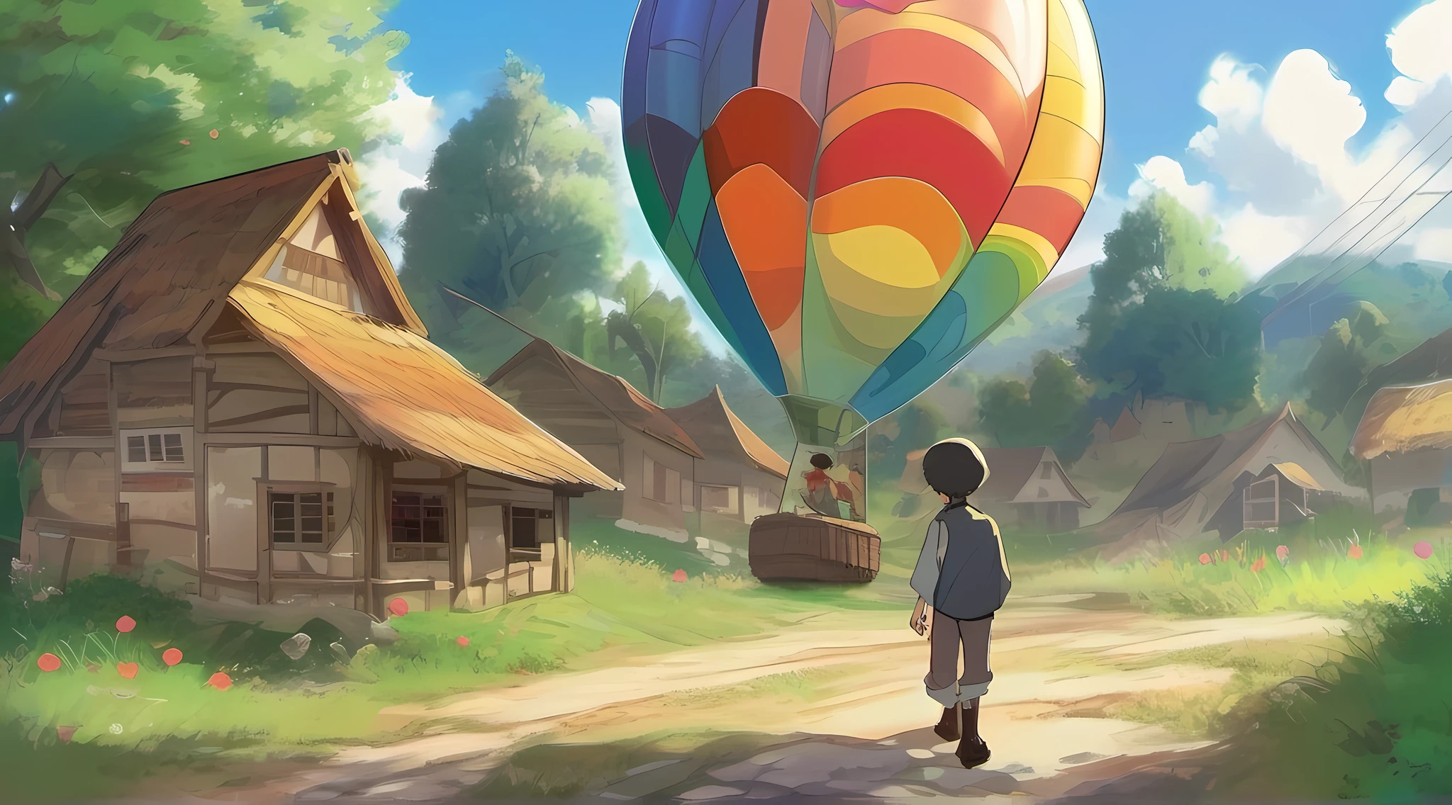 (peasant boy:1.2, adventurous:1.1, cheerful:1.1, wearing shoes, looking at a big colorful gas balloon, in a peasant village, roadside house, dreamy, anime style, book cover style)