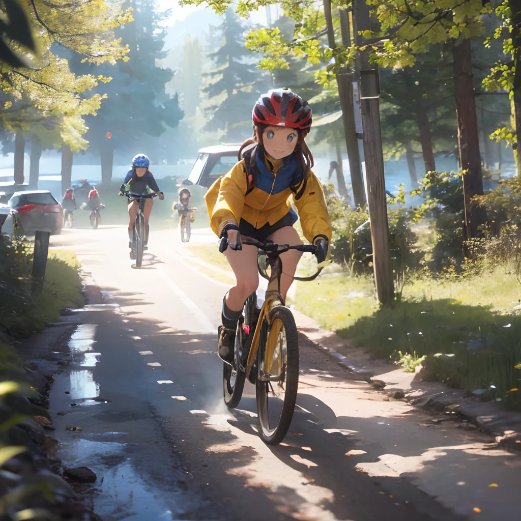 masutepiece, Best Quality, 8K_Wallpaper, (Beautiful eyes), (lake in the middle of a forest), Cute, (Yellow Wear、Outerwear is blue、Red pants),1girl in,small tits,1 girl、Smile,(Road bike ride through the woods)Wearing a black-white-red bicycle helmet)、Detailed hairstyles,Insanely detailed、 (Campsite on a sunny day), cycling, France Tour, Road bike, Road Bike Racing Costumes, Bicycle racing helmet、