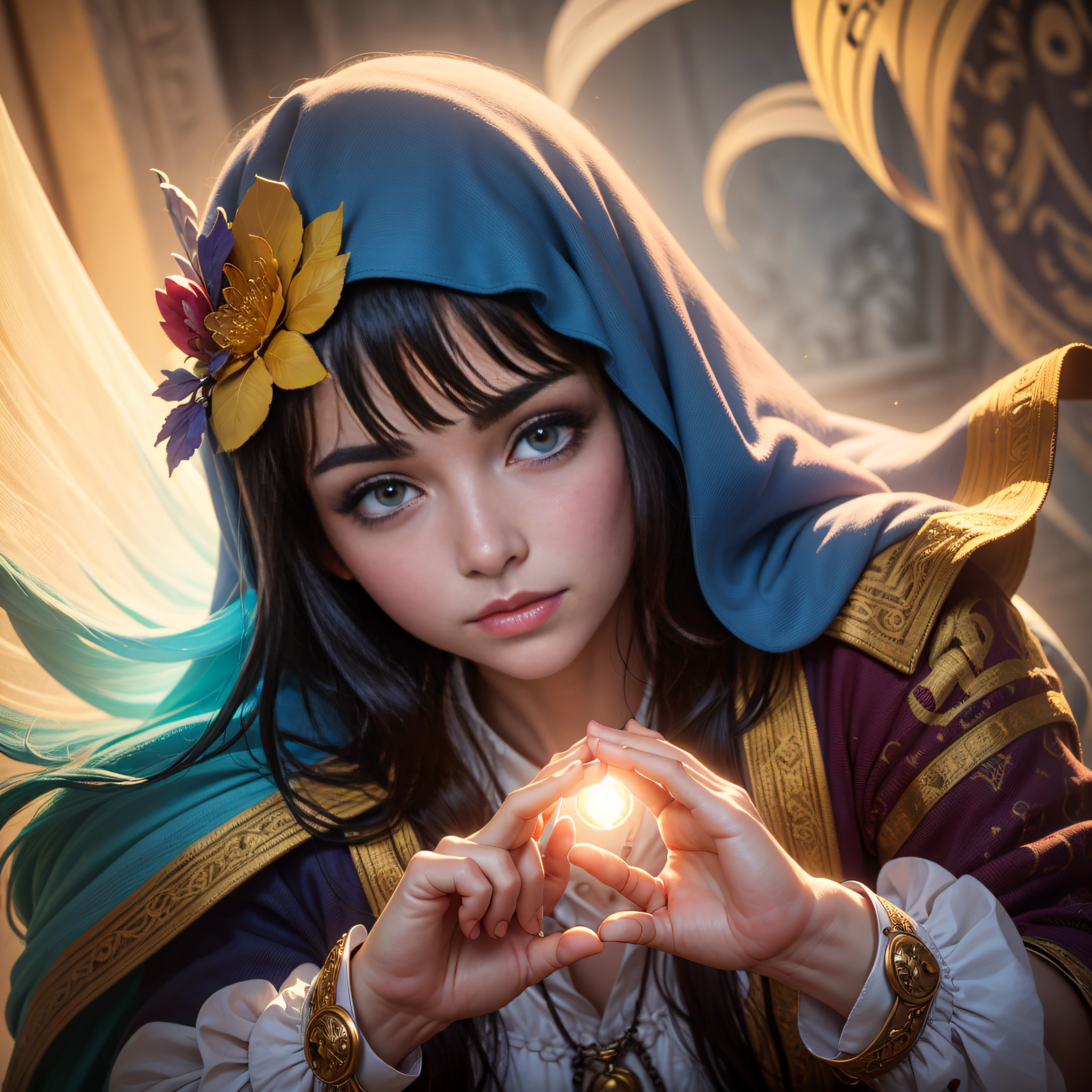 Na imagem, An ethereal scenario unfolds, banhado em suaves tons de ouro e azul. Um ser luminoso, com asas feitas de raios de luz, paira suavemente no ar, emanando uma aura reconfortante. Seu olhar gentil e sereno encontra o olhar de um amigo, whose face reflects a mixture of admiration and gratitude. As the divine being reaches out in a gesture of support, o amigo se encontra em um caminho sinuoso, shrouded in shadows and doubts. No entanto, a luminosidade do ser transcende essas trevas, offering guidance and safety. A paisagem ao redor retrata uma jornada em curso, marcada por desafios, but also for the optimism and courage shared among these fellow riders., middle ages, Realistic, 8k