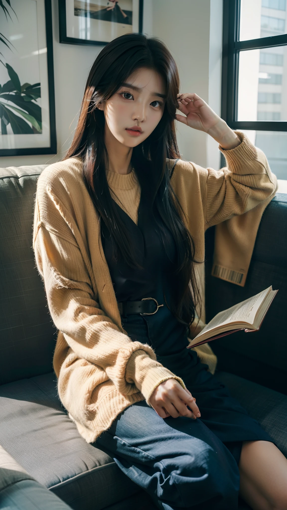 The Alafi woman sat on the sofa,Holding a book and a book, a picture by Kim Myeong-guk, Tumblr, Realism, Korean girl, beautiful Korean women, Gorgeous young Korean woman, Beautiful young Korean woman, ulzzangs, jaeyeon nam, korean women's fashion model, Shin Jinying, Choi Hyun-hwa, Korean woman, with round face