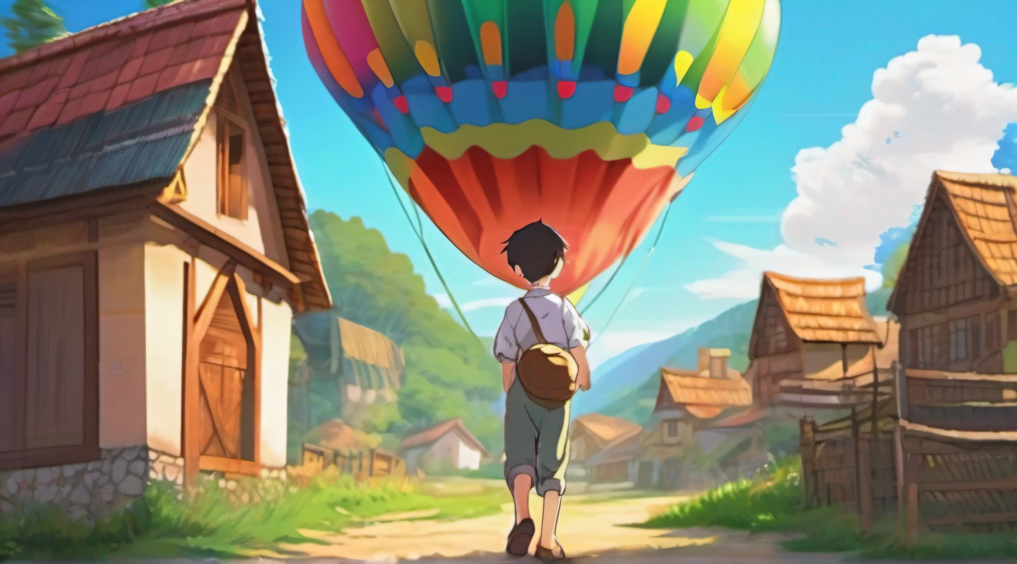 peasant boy, adventurous, cheerful, wearing shoes, looking at a big colorful gas balloon, in a peasant village, roadside house, dreamy, anime style, book cover style