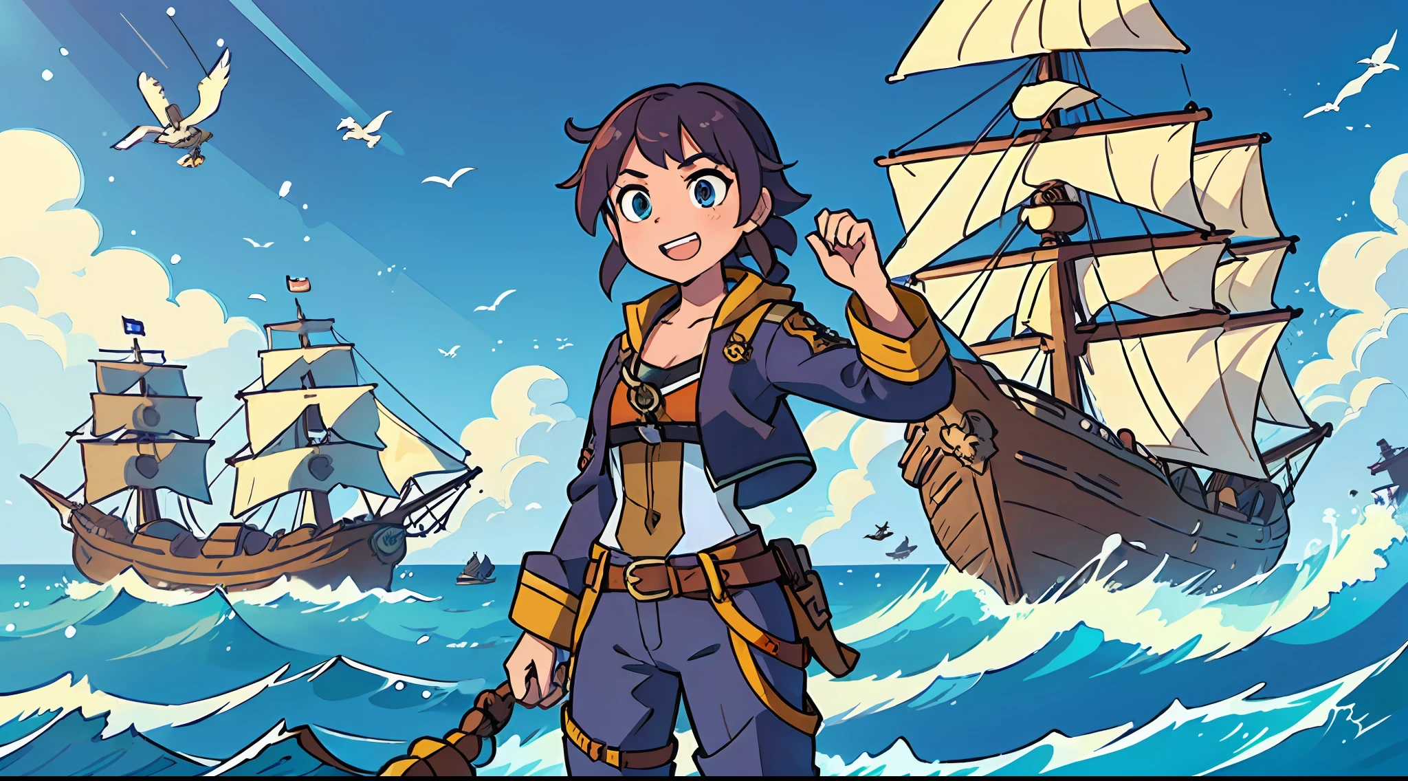 Female captain pirate is in on travel with her pirate crew searching for a treasure in their galleon ship on the ocean, animated and fun scene, everybody is having fun, colorful scene, sunny and daylight, seagulls flying around, panoramic view, high definition, ultra quality, sunlight, water particles and sea waves, intricate details, volumetric illumination, Field depth, masterpiece