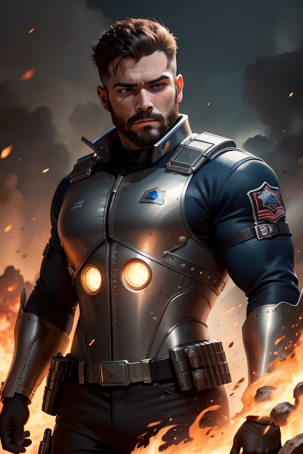 (Detailed description) (melhor qualidade) policial de elite humano homem fardado saindo do fogo realista em ato heroico