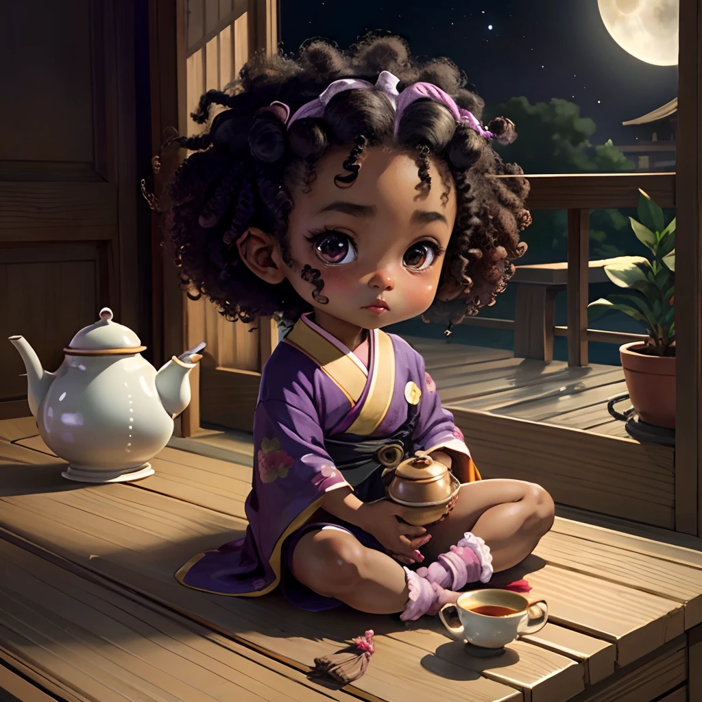 Cute dark brown skinned chibi anime, purple kimono, sit in the teapot, moon, clear toes, clear feet, freckle on the face, wear sandals, hair tied up, Afro hair, long curly hair