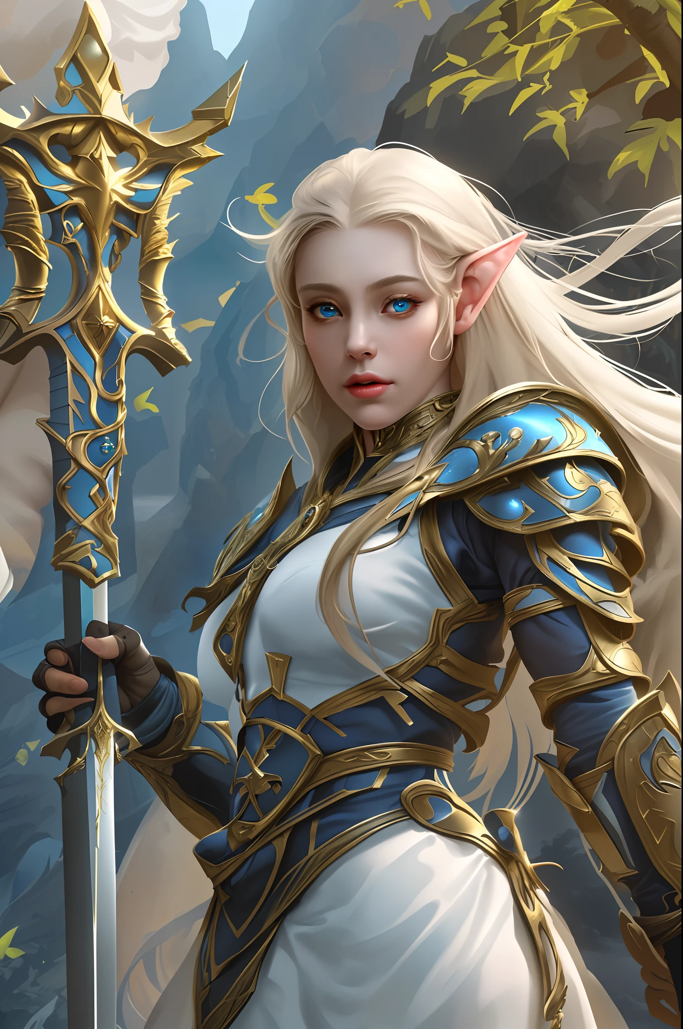 8k, ultra detailed, masterpiece, best quality, (extremely detailed), dynamic angle, anatomically correct  a picture of an elf knight ridong her epic giant eagle (best details, Masterpiece, best quality: 1.5), female elf  (best details, Masterpiece, best quality: 1.5), gold hair, long hair, wavy hair, small pointed ears, wearing heavy elven armor (best details, Masterpiece, best quality: 1.5), shinning metal, armed with elven sword fantasysword sword (best details, Masterpiece, best quality: 1.5), blue skies background and some clouds background