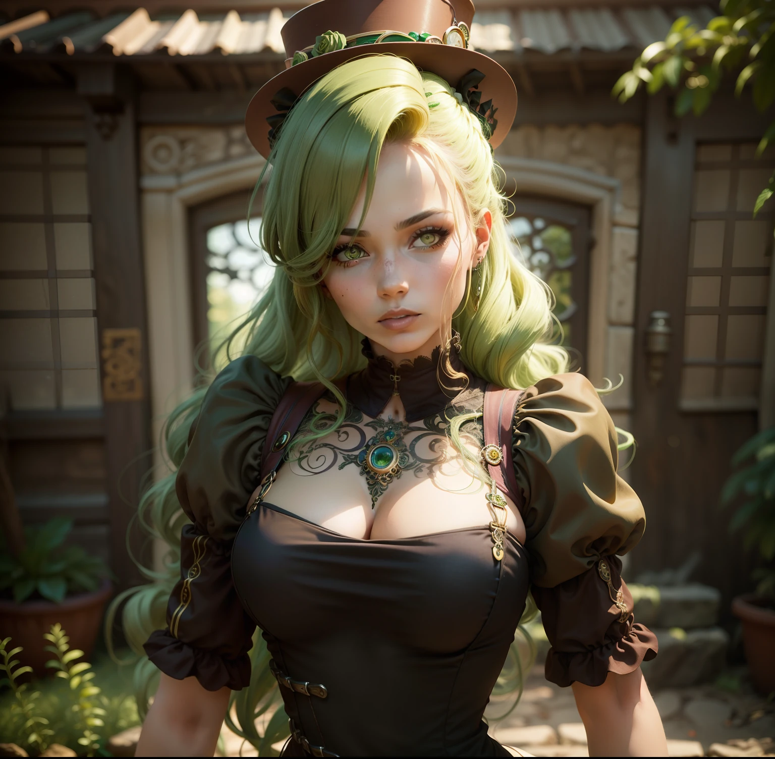 Mulher de corpo inteiro, mulher realizada de cabelo verde, olhos amarelo, mulher de corpo inteiro e realizada, cabelo verde, steampunk, realistas, mulher adulta