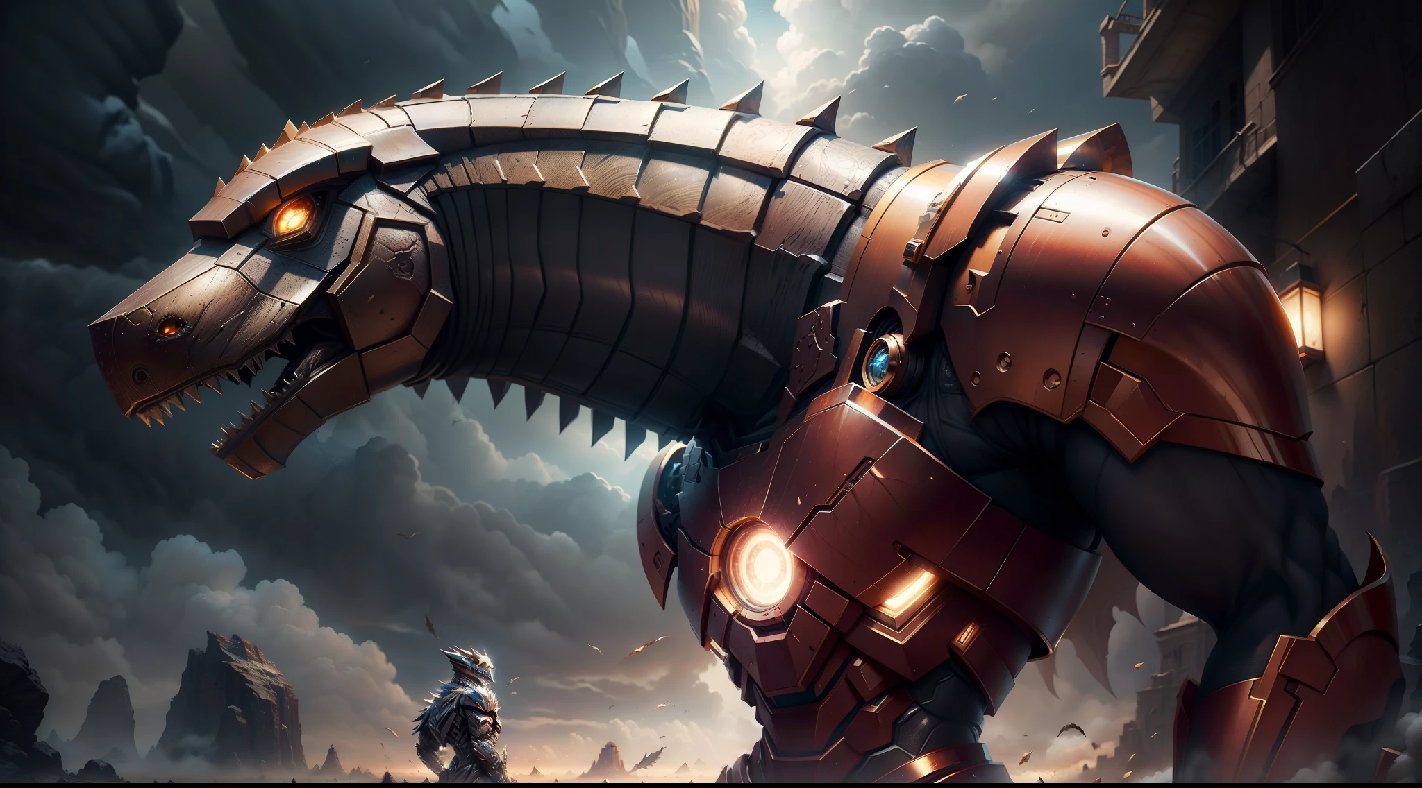 The image depicts a fascinating fusion between the "Homem de ferro" e um "Tiranossauro rex". This creative interpretation combines the striking characteristics of the hero with the grandeur and majesty of one of the most iconic dinosaurs.
O corpo do personagem apresenta uma armadura estilizada, inspirada no traje do Homem de ferro. Metallic and technological elements mix with the physical characteristics of Tyrannosaurus Rex, como suas garras afiadas e aterradoras.
A armadura possui tons de vermelho e dourado, referring to the Iron Man aesthetic. No entanto, textured elements and scale details are incorporated, giving the character a prehistoric twist.
The dinosaur's head is stylized with an eye opener, that shine with the same technological intensity as Iron Man's eyes. Open jaw reveals sharp, menacing teeth.
The background of the image is a combination of futuristic elements and natural scenery, representando o encontro entre tecnologia e natureza.
Esta imagem oferece uma vista impressionante de um "dinossauro rex" with features of the "Homem de ferro", criando uma figura que exala poder e originalidade. It evokes a sense of wonder and curiosity, inviting the viewer to explore this unique fusion between two distinct worlds.