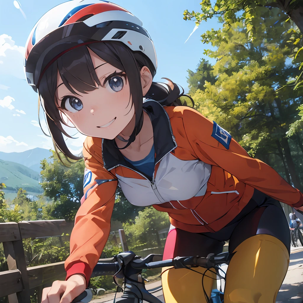 masutepiece, Best Quality, 8K_Wallpaper, (Beautiful eyes), (Riding a bike for racing), Cute, (Yellow Wear、Outerwear is blue、Red pants),1girl in,small tits,1 schoolgirl、Smile,(in woods)Wearing a black-white-red bicycle helmet)、Detailed hairstyles,Insanely detailed、 (Campsite on a sunny day), cycling, France Tour, Road bike, Road Bike Racing Costume, Bicycle racing helmet、