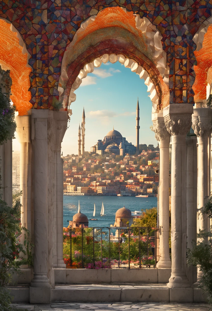 Enchanting view of the city of constantinople (0.2), magnificent domes and minarets reaching the sky (0.15), Byzantine mosaics glistening in the sun (0.1), surrounded by lush gardens in full bloom (0.15), distant silhouette of the Istanbul cityscape (0.1), calm waters of the Bosphorus in the foreground (0.1), sunset tones painting the scene in warm colors (0.1), rendered in the artistic styles of the impressionist traits of Claude Monet (0.05) and in the idyllic, light-infused setting of Thomas Kinkade (0.05)