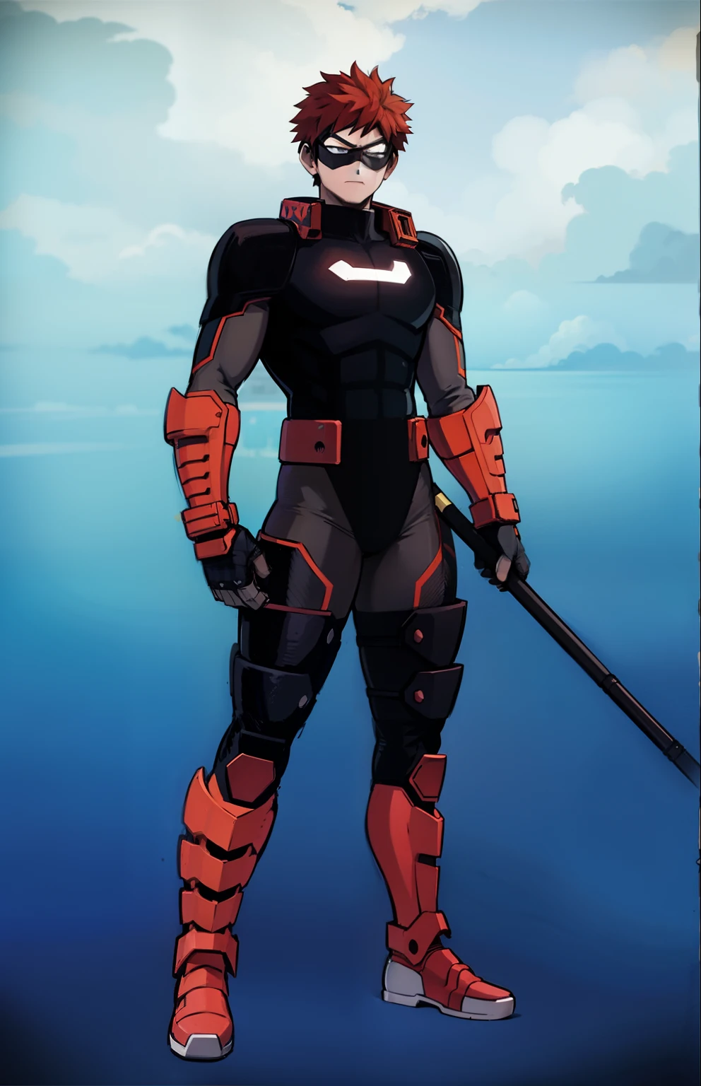 My Hero Academia style, anime boy, male, young male, trending on artstation pixiv, (full body shot:0.5), short hair, redhead, covered face, face mask, red goggles, hero outfit, full body suit, black suit with red lines, red knee boots, red elbow gloves, holding staff, combat staff, Perfect Anatomy, Super Detailed,