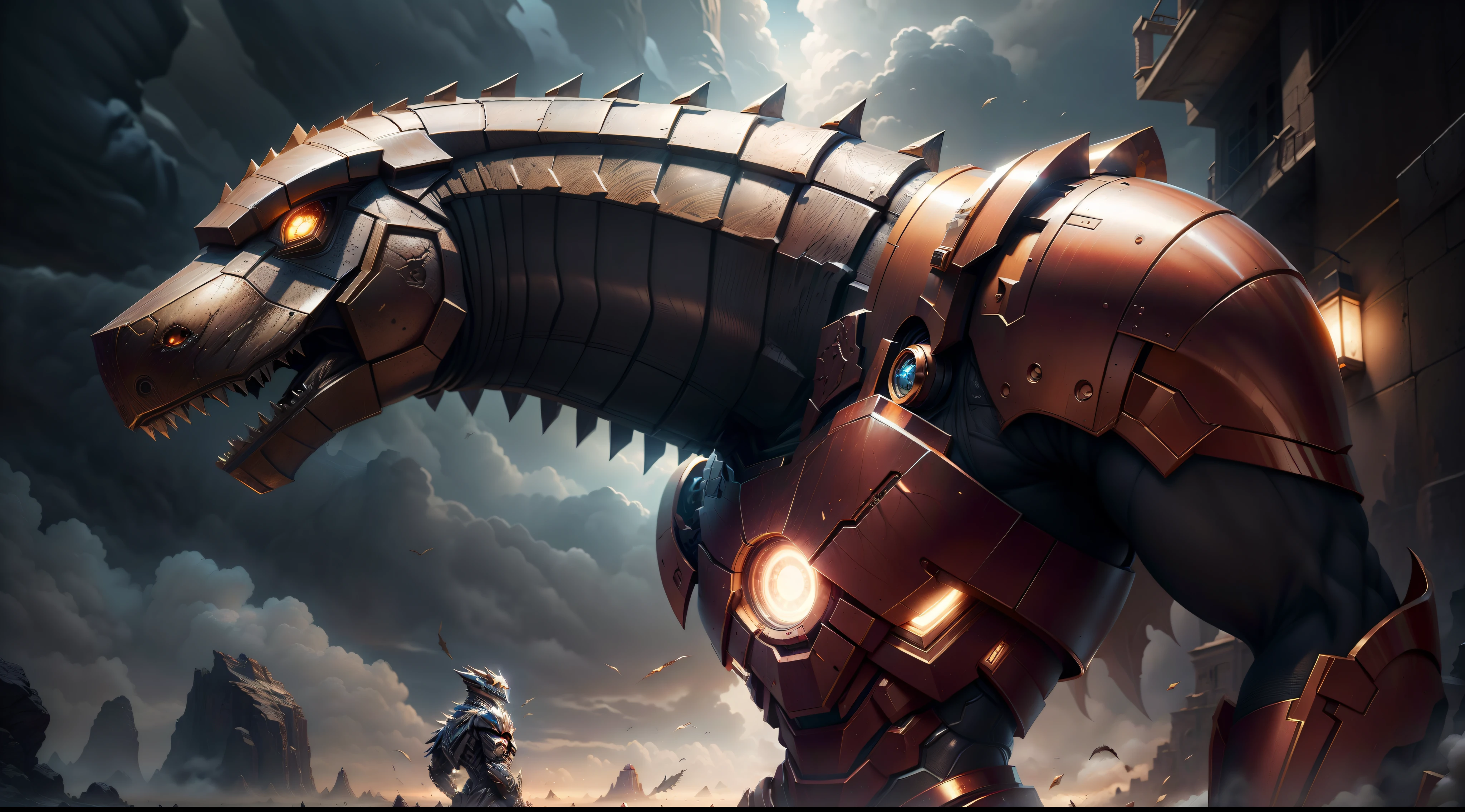 The image depicts a fascinating fusion between the "Homem de ferro" e um "Tiranossauro rex". This creative interpretation combines the striking characteristics of the hero with the grandeur and majesty of one of the most iconic dinosaurs.

O corpo do personagem apresenta uma armadura estilizada, inspirada no traje do Homem de ferro. Metallic and technological elements mix with the physical characteristics of Tyrannosaurus Rex, como suas garras afiadas e aterradoras.

A armadura possui tons de vermelho e dourado, referring to the Iron Man aesthetic. No entanto, textured elements and scale details are incorporated, giving the character a prehistoric twist.

The dinosaur's head is stylized with an eye opener, that shine with the same technological intensity as Iron Man's eyes. Open jaw reveals sharp, menacing teeth.

The background of the image is a combination of futuristic elements and natural scenery, representando o encontro entre tecnologia e natureza.

Esta imagem oferece uma vista impressionante de um "dinossauro rex" with features of the "Homem de ferro", criando uma figura que exala poder e originalidade. It evokes a sense of wonder and curiosity, inviting the viewer to explore this unique fusion between two distinct worlds.