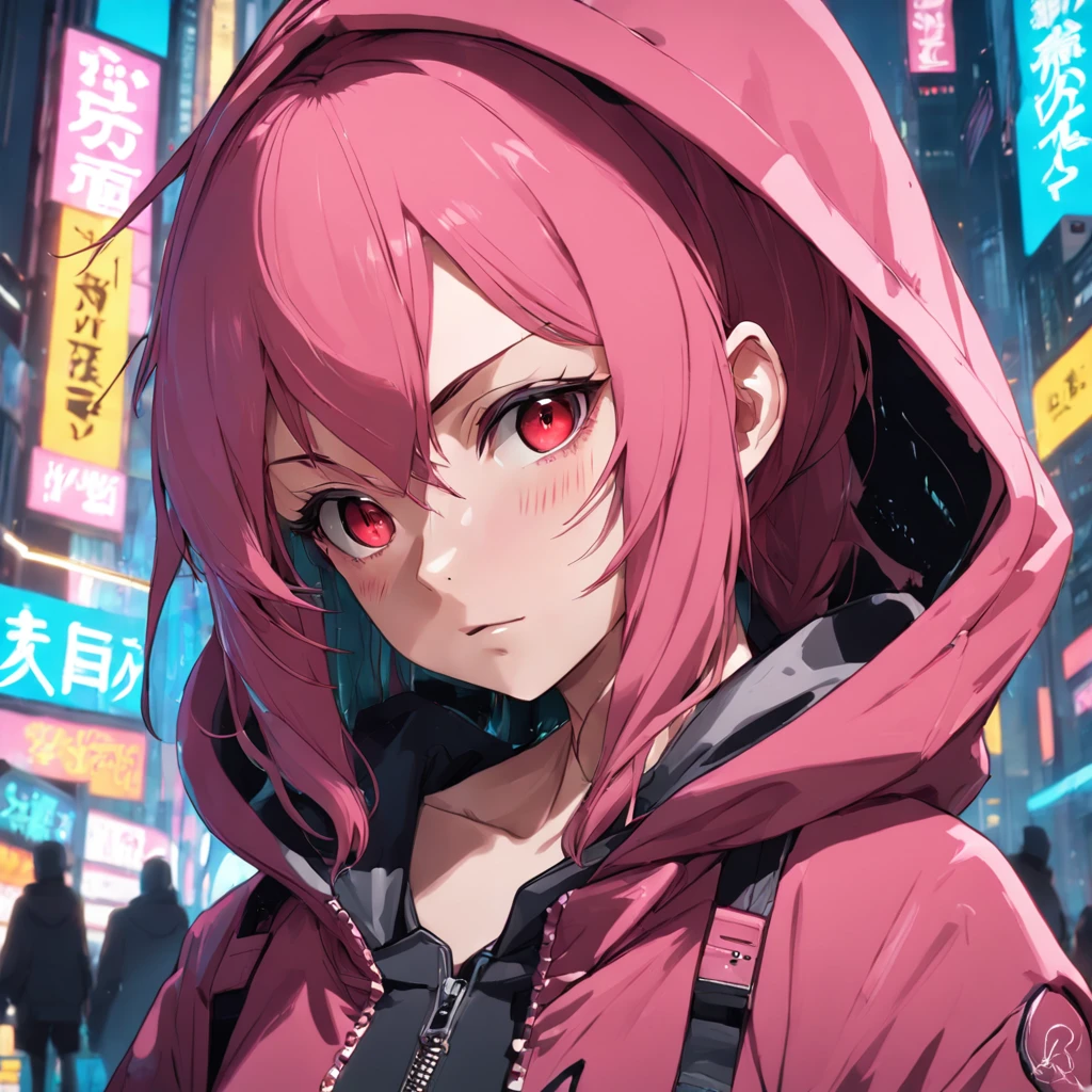 a close up of a person with pink hair and a red jacket, cyberpunk anime girl in hoodie, cyberpunk anime girl, digital cyberpunk anime art, cyberpunk anime art, female cyberpunk anime girl, anime cyberpunk art, digital cyberpunk - anime art, modern cyberpunk anime, detailed anime character art, cyberpunk streetwear, anime style artwork, realistic anime artstyle, seductive anime girl