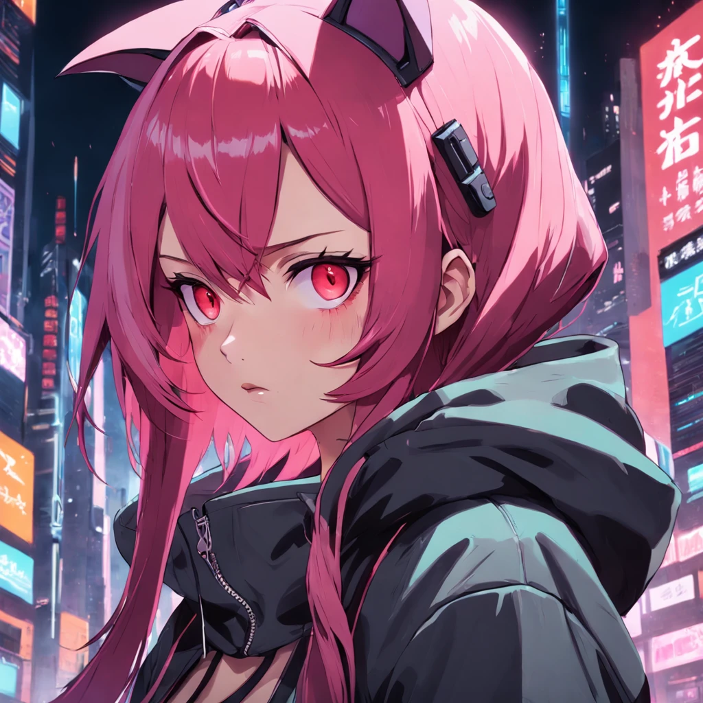 a close up of a person with pink hair and a red jacket, cyberpunk anime girl in hoodie, cyberpunk anime girl, digital cyberpunk anime art, cyberpunk anime art, female cyberpunk anime girl, anime cyberpunk art, digital cyberpunk - anime art, modern cyberpunk anime, detailed anime character art, cyberpunk streetwear, anime style artwork, realistic anime artstyle, seductive anime girl
