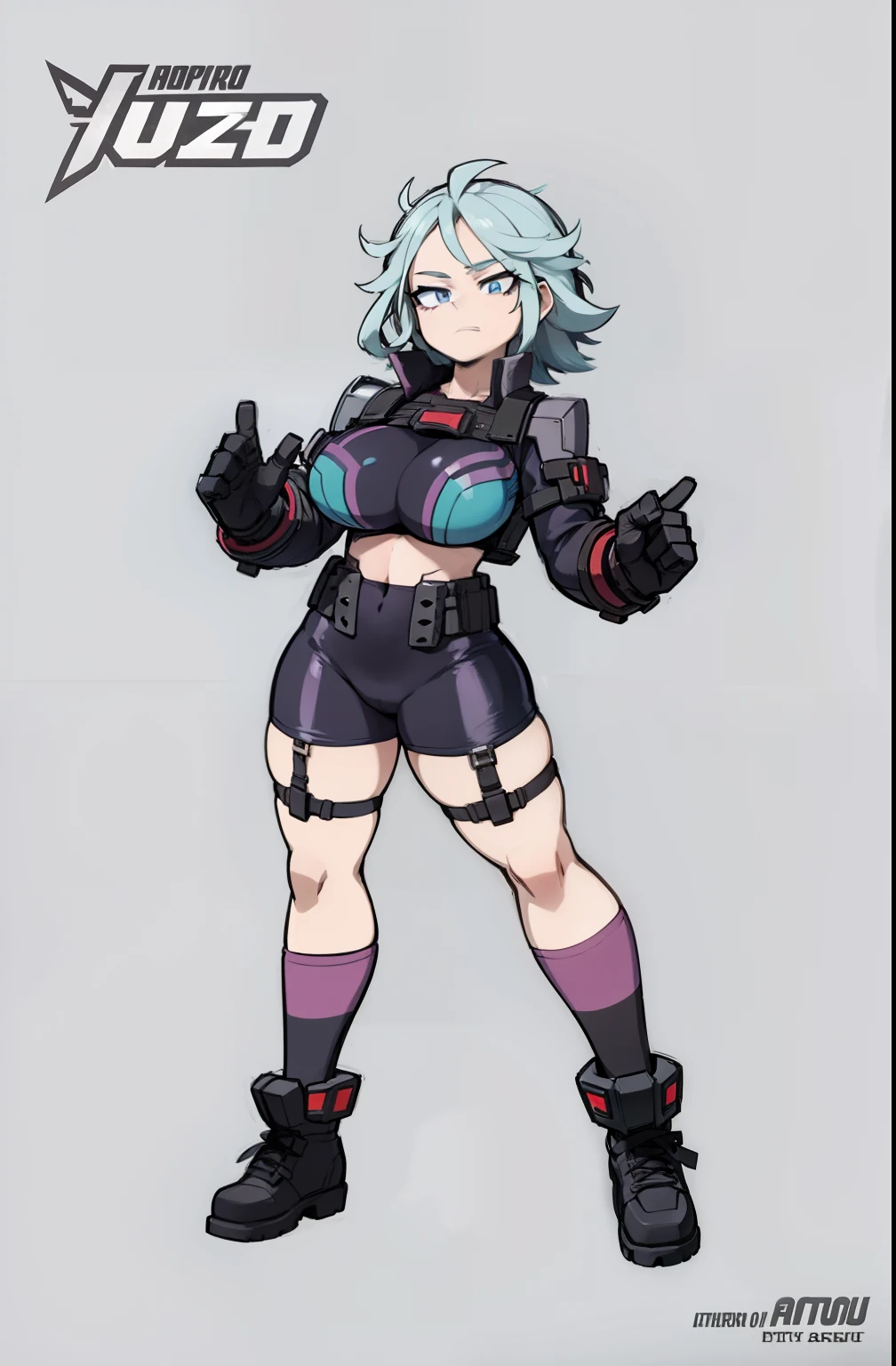 My Hero Academia style, anime Girl, female, trending on artstation pixiv, (full body shot:0.5), wide thighs, large breast, wide hips, blue hair, violet eyes, hero outfit, full body suit, Perfect Anatomy, Super Detailed,