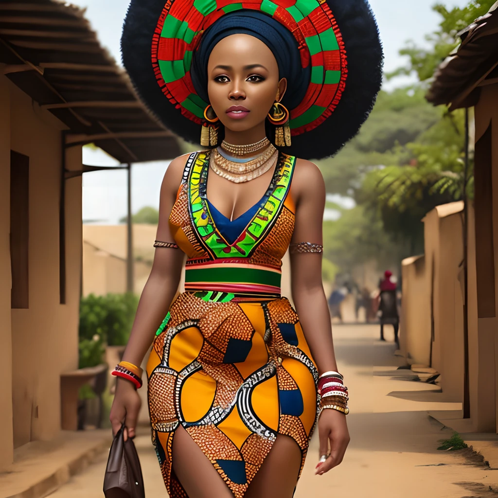 by royo, hyperdetailed, hyperrealistic, full body shot of an African woman, in an African outfitwith vibrant colors, exaggerated shoulder pads, and bold accessories. Striking a powerful pose with an intense gaze, surrounded by a halo of smoke in tones that enhance her expression. Standing in a banana plantation with the smoke mimicking waves, matching the colors of her outfit. Perfect composition, exquisite attention to small details, realistic reflections, UHD, 32k, ultra-detailed texture, volumetric light, cinematic effects, masterpiece, trending on ArtStation, Octane 3D rendering --auto --s2
