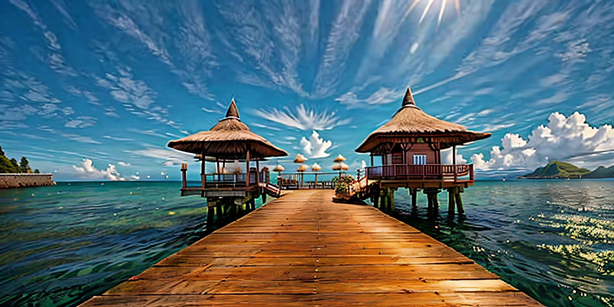 There are two thatched huts at the end of a pier, near a pier, paradise in the background, Nice quiet day, Un plan large et complet, from below angle, Pier et maisons en bois, hutte, fully covered, Petit quai, lowres, Version 3, ad image, Beautiful sunny day, 8k!!, Vue imprenable, Wonderful masterpiece