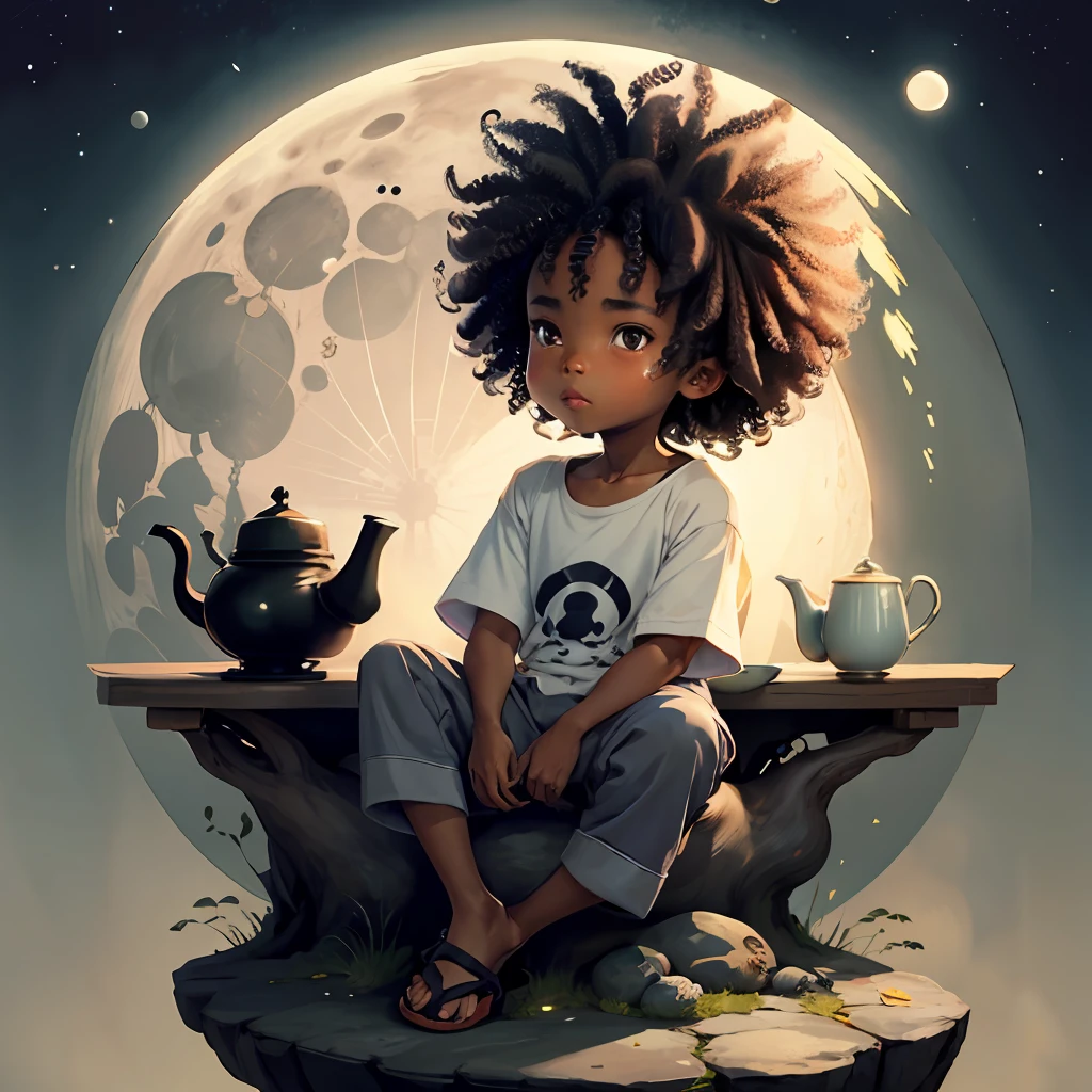 Cute dark brown skinned boy chibi anime, grey ninja clothes, sit in the teapot, moon, clear toes, clear feet, freckle on the face, wear sandals, hair tied up, Afro hair, long curly hair