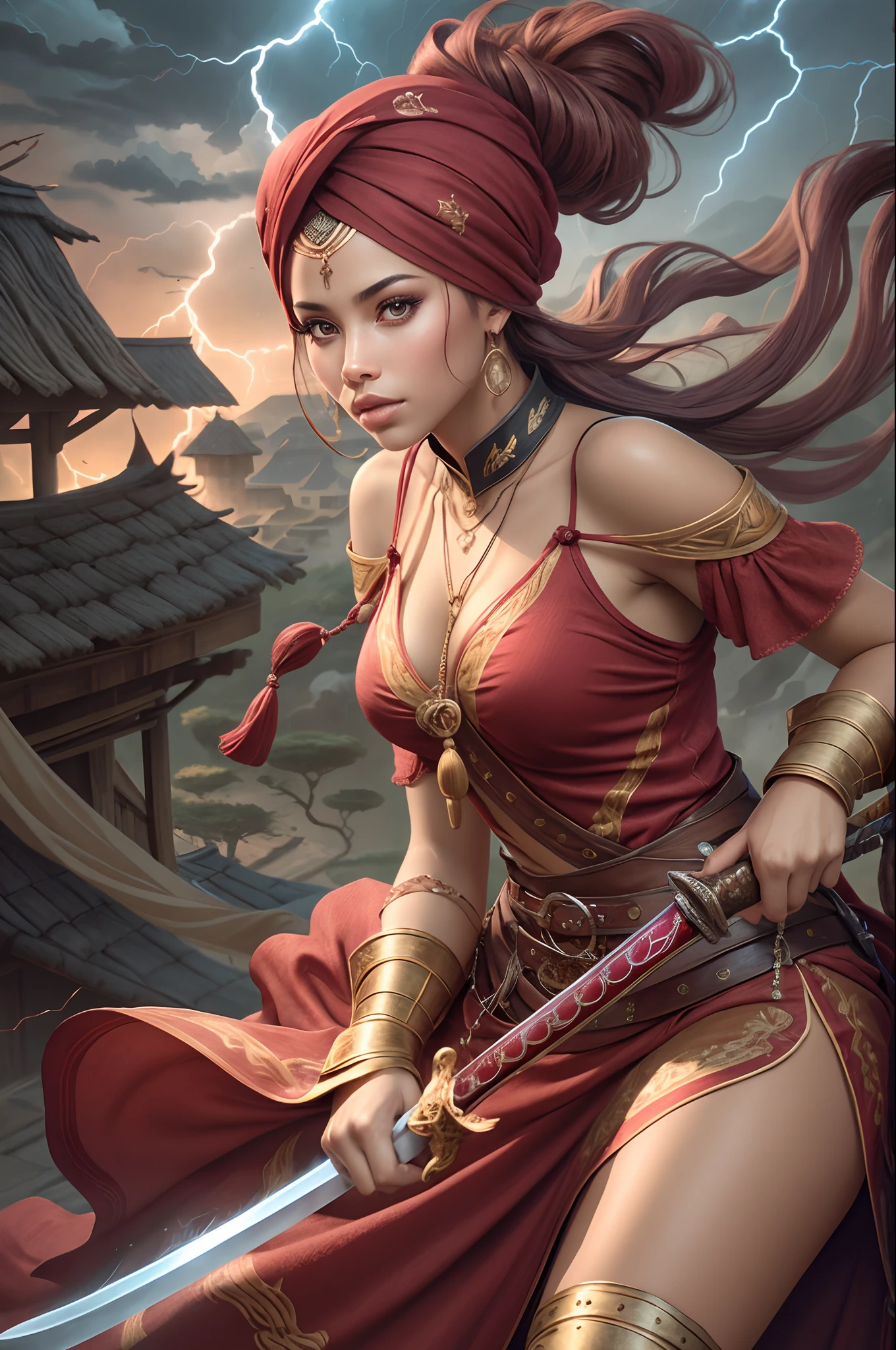 a beautiful black woman, Iansã, realistic style, with a turban in red, burgundy, maroon and yellow and clothes also in red, burgundy, maroon and yellow, and in her hands holding a sword, and a ponytail called Eruexim, African style, and warrior, with a landscape background with lightning and thunder, --auto --s2