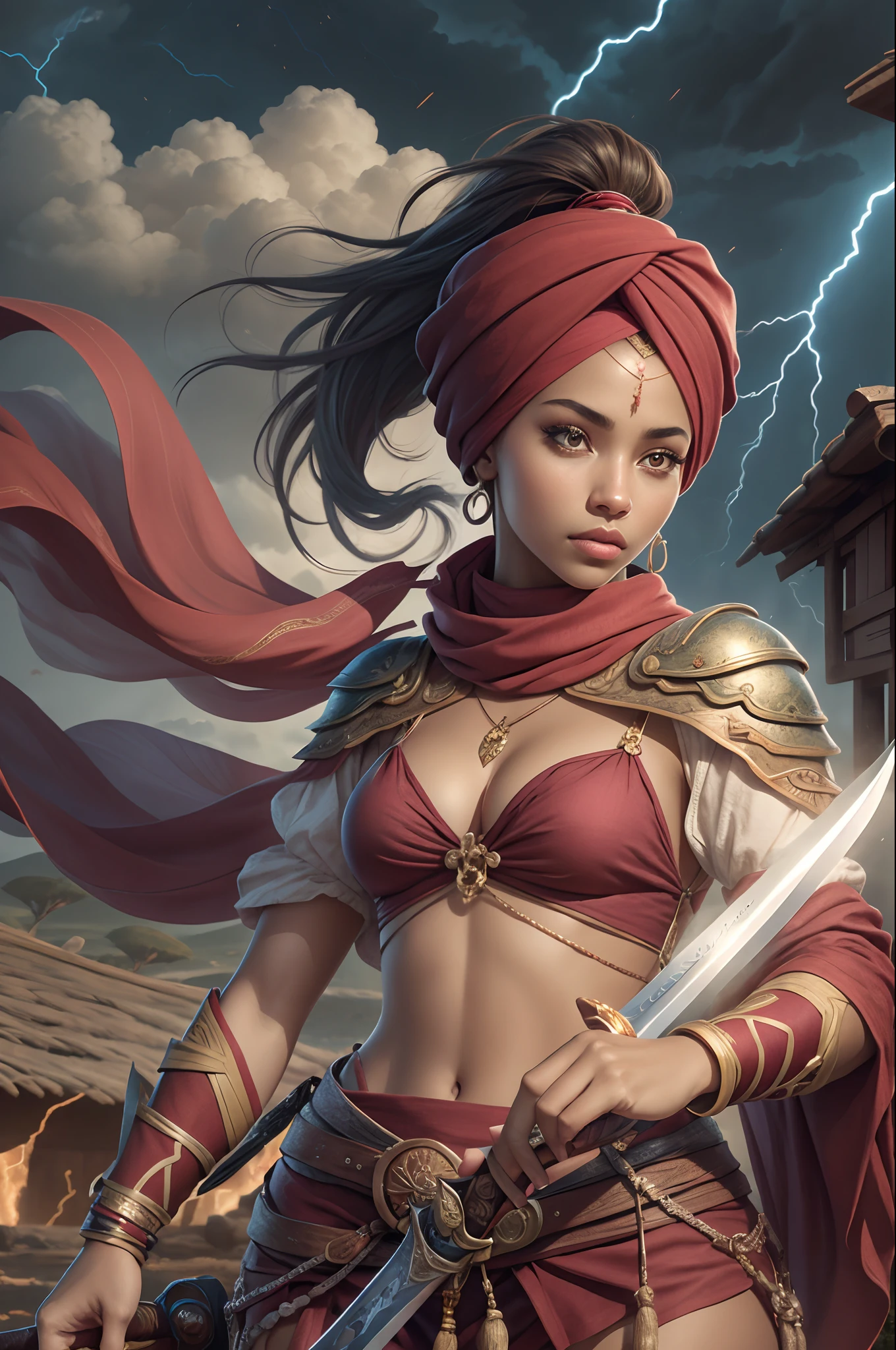 a beautiful black woman, Iansã, realistic style, with a turban in red, burgundy, maroon and yellow and clothes also in red, burgundy, maroon and yellow, and in her hands holding a sword, and a ponytail called Eruexim, African style, and warrior, with a landscape background with lightning and thunder, --auto --s2