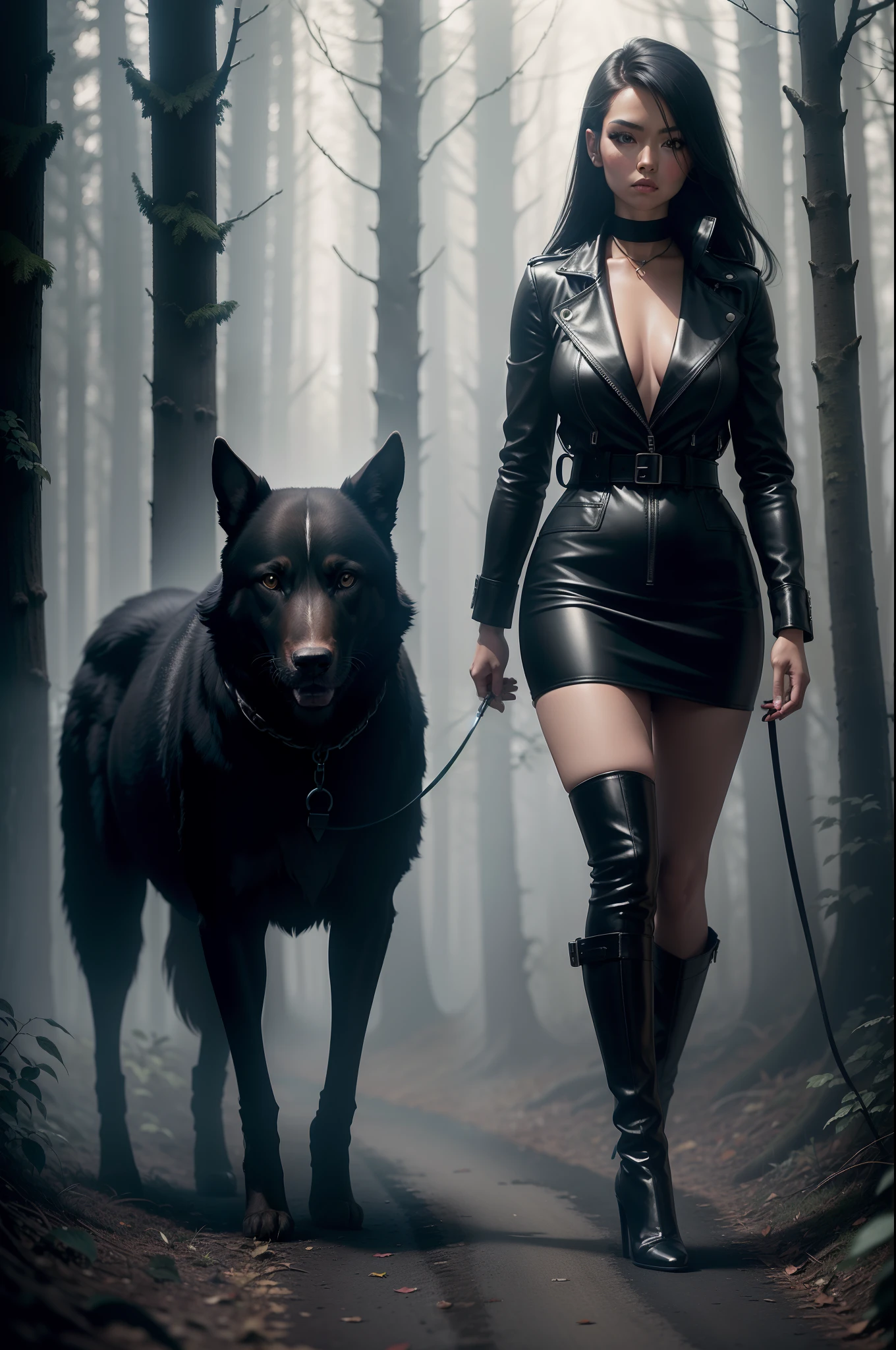 RAW masterpiece,  Ulra fine photo best quality,  Lynda Evangelista, wearing black leather, high heeled boots, high resolution. walking her dog in the woods, at night lit by car headlamps, cinematic lighting, moonlight, foggy,  photographed in color cold dark palette, by Helmut Newton