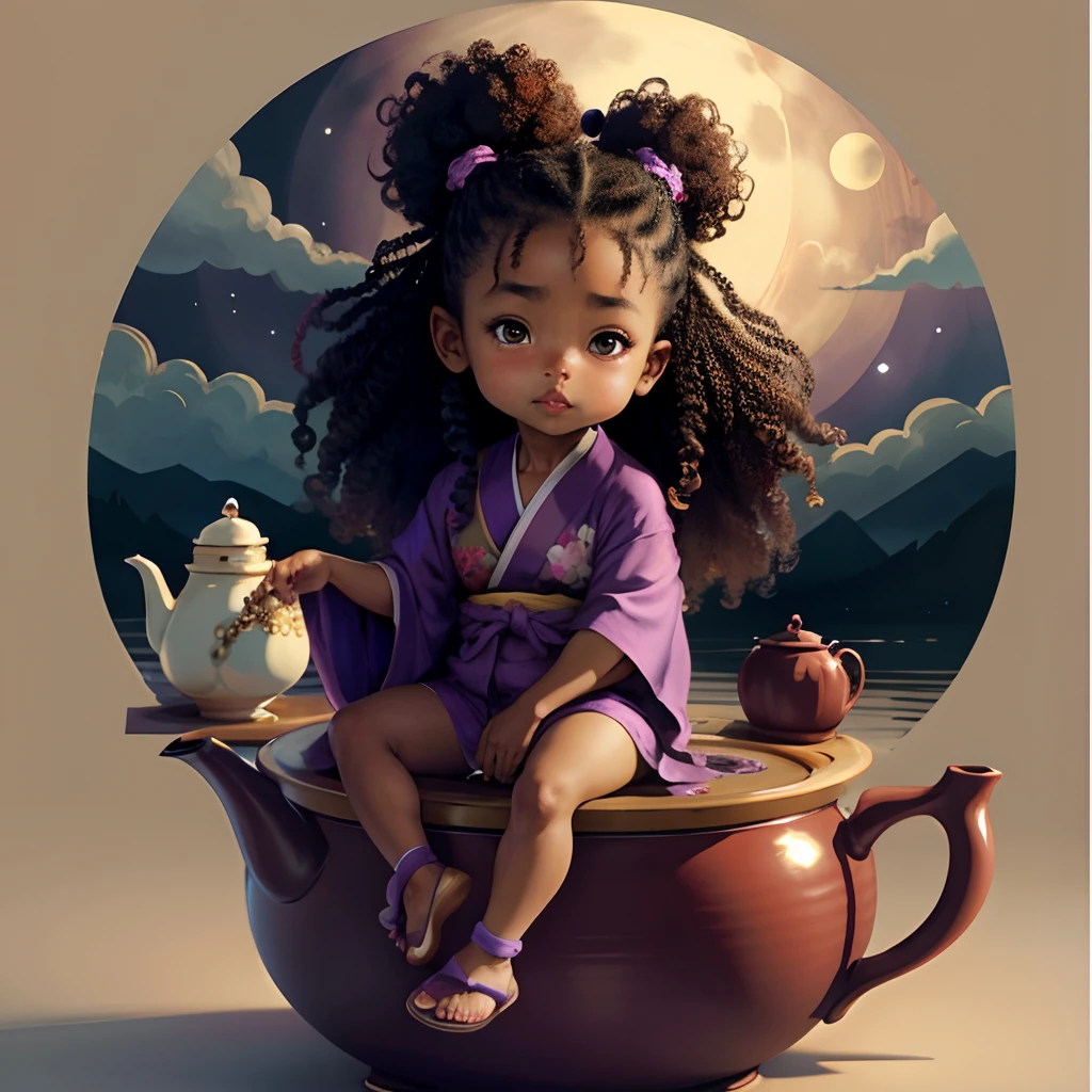 Cute dark brown skinned chibi anime, purple kimono, sit in the teapot, moon, clear toes, clear feet, freckle on the face, wear sandals, hair tied up, Afro hair, long curly hair