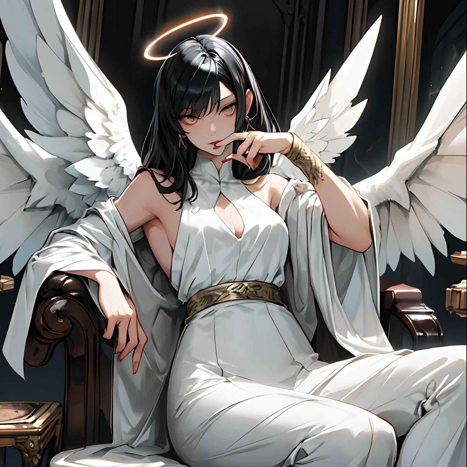 ((nsfw)),((gigantic breast: 1.5),(masterpiece, best quality),((high resolution 4k)), 1lady, solo, (white Scales, body cover with scales), halo, wings,fallen angel, black hair, loose waves, red eyes,wet white sheer top crop top,short sleeve,wet very short white shortpants,white stockings,white thigh highs,sitting on the throne