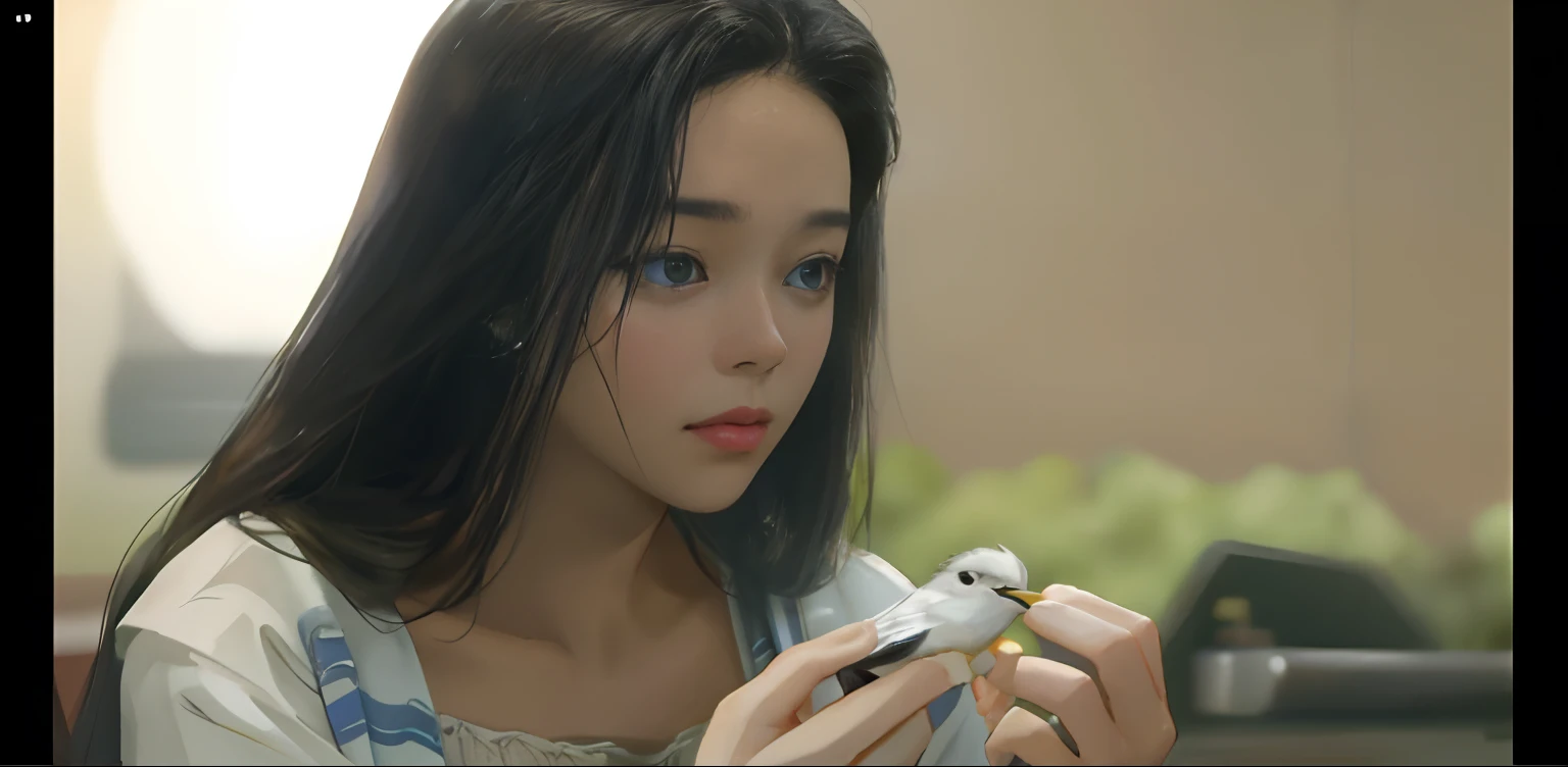There was a woman looking at a bird in her hand, still frame from a movie, screenshots from movies, Soft portrait shot 8 K, close-up portrait film still, Still from the movie, movie still of the alien girl, cinematic Film still from, still from live action movie, cinematic Film still from, A young Asian woman, cinematic Film still from