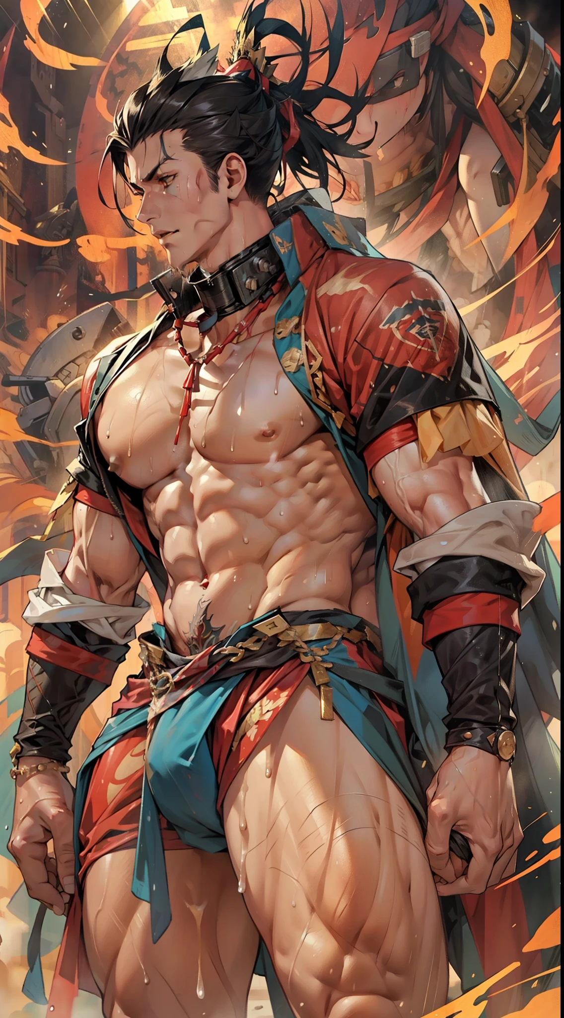 A tall muscular boy , Naked , Legs spread , (The whole body of the character),impact , Sweaty , Wet , Seductive , Bigboobs , large bulge , big balls ,, From the knees , big assa,mechs,punky style