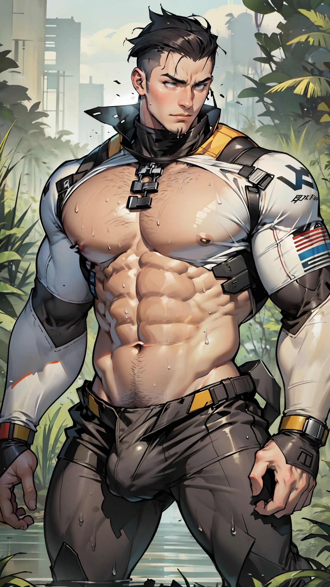 A tall muscular boy , Naked , Legs spread , （The whole body of the character），impact , Sweaty , Wet , Seductive , Bigboobs , large bulge , big balls ,, From the knees , big assa，mechs，punky style